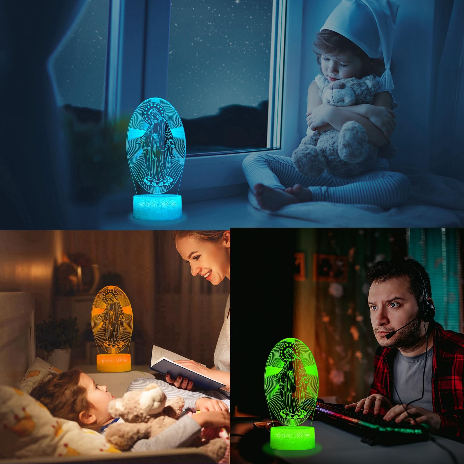 POSSHE 3D Virgin Mary Night Light, 16 Color Changing, Remote Control, 8.3" H, ABS Material, Model MY-3D LAMP-CRACK