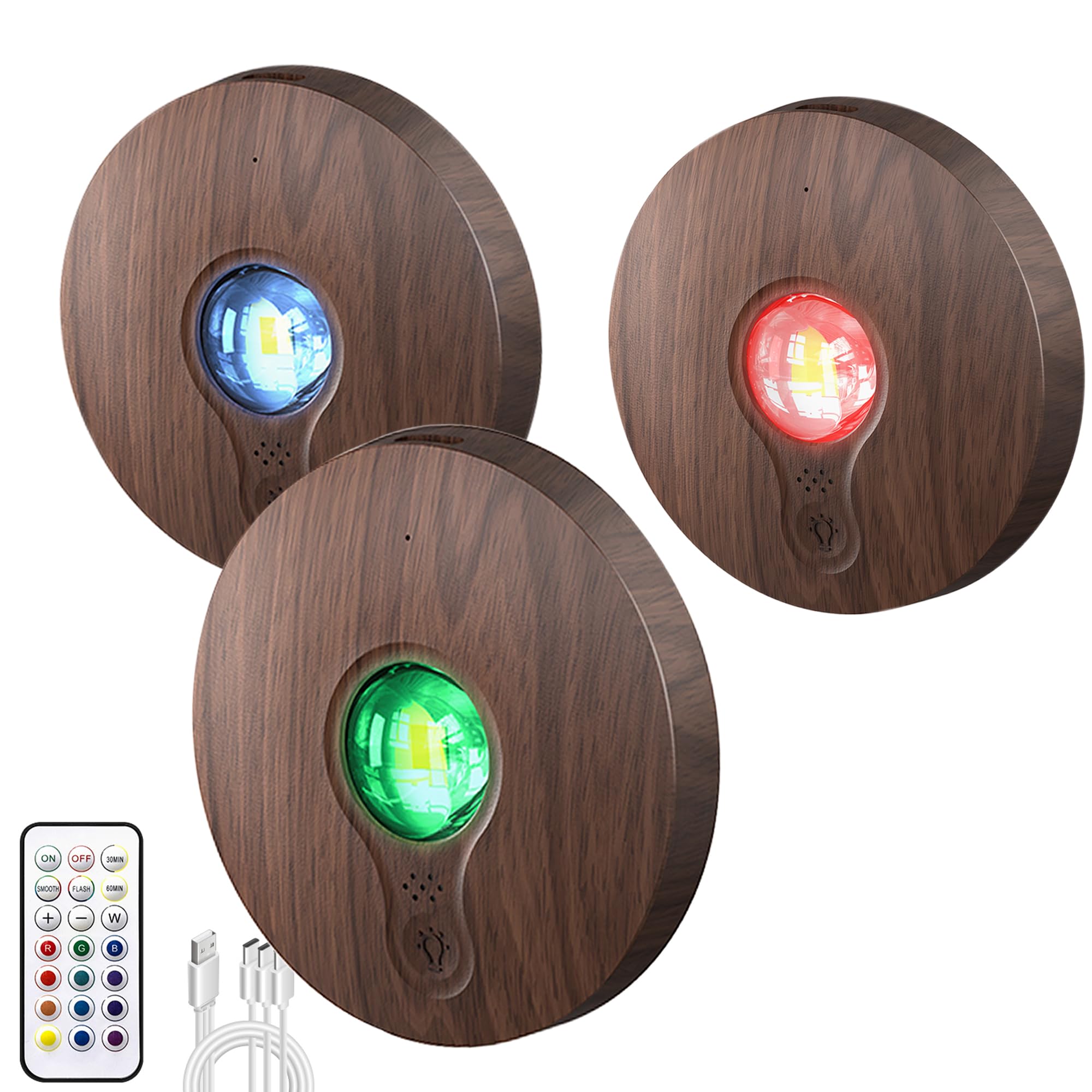 UNUSROOM Rechargeable Puck Lights with Remote Control, 2000mAh Battery, Dimmable, LED, Dark Wood, Model T065, 3-Pack
