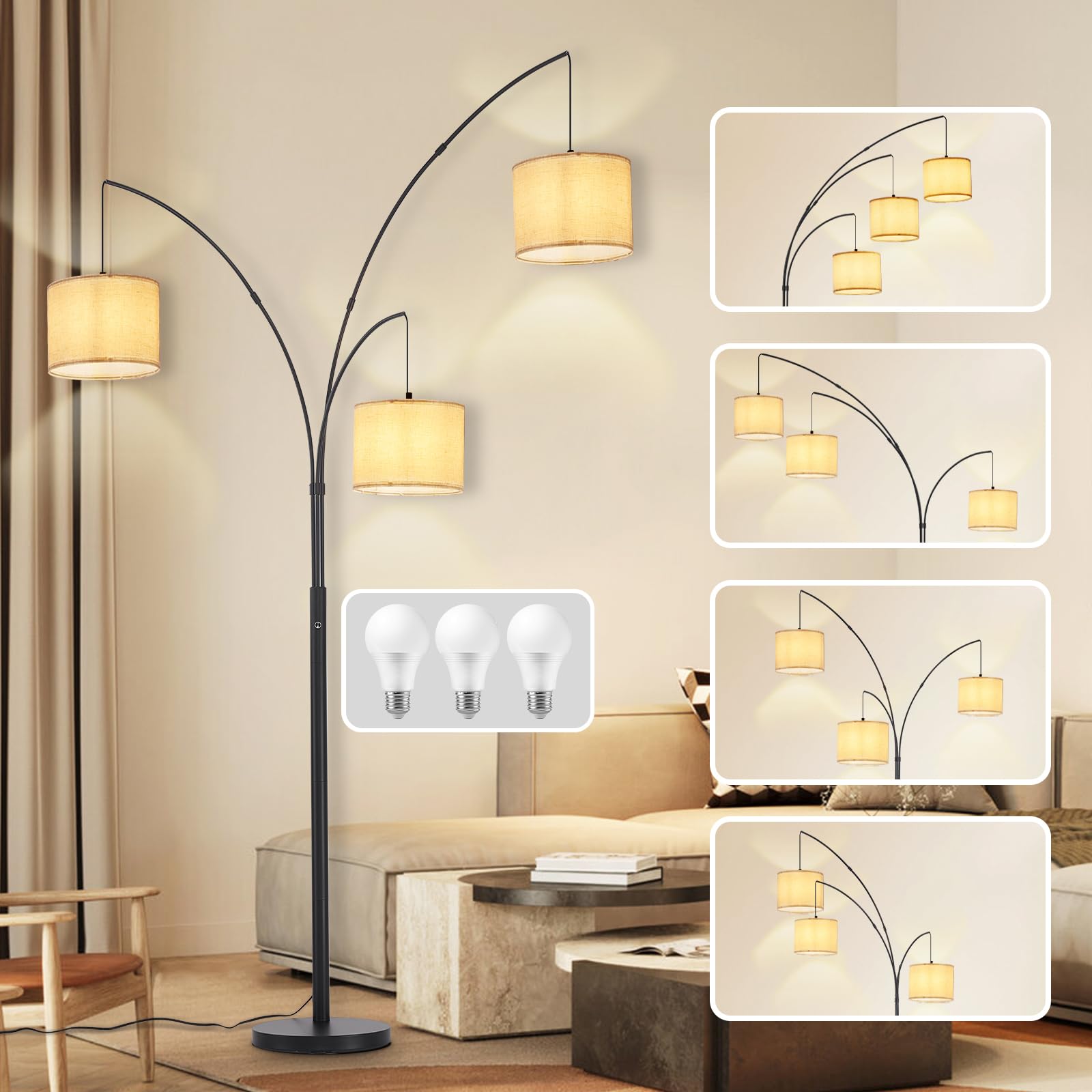 Dllt Modern Floor Lamp For Room: 3-Light Black Tree Dimmable Floor Lamps With Beige Shades For Living Room - Arc Standing Lamp F