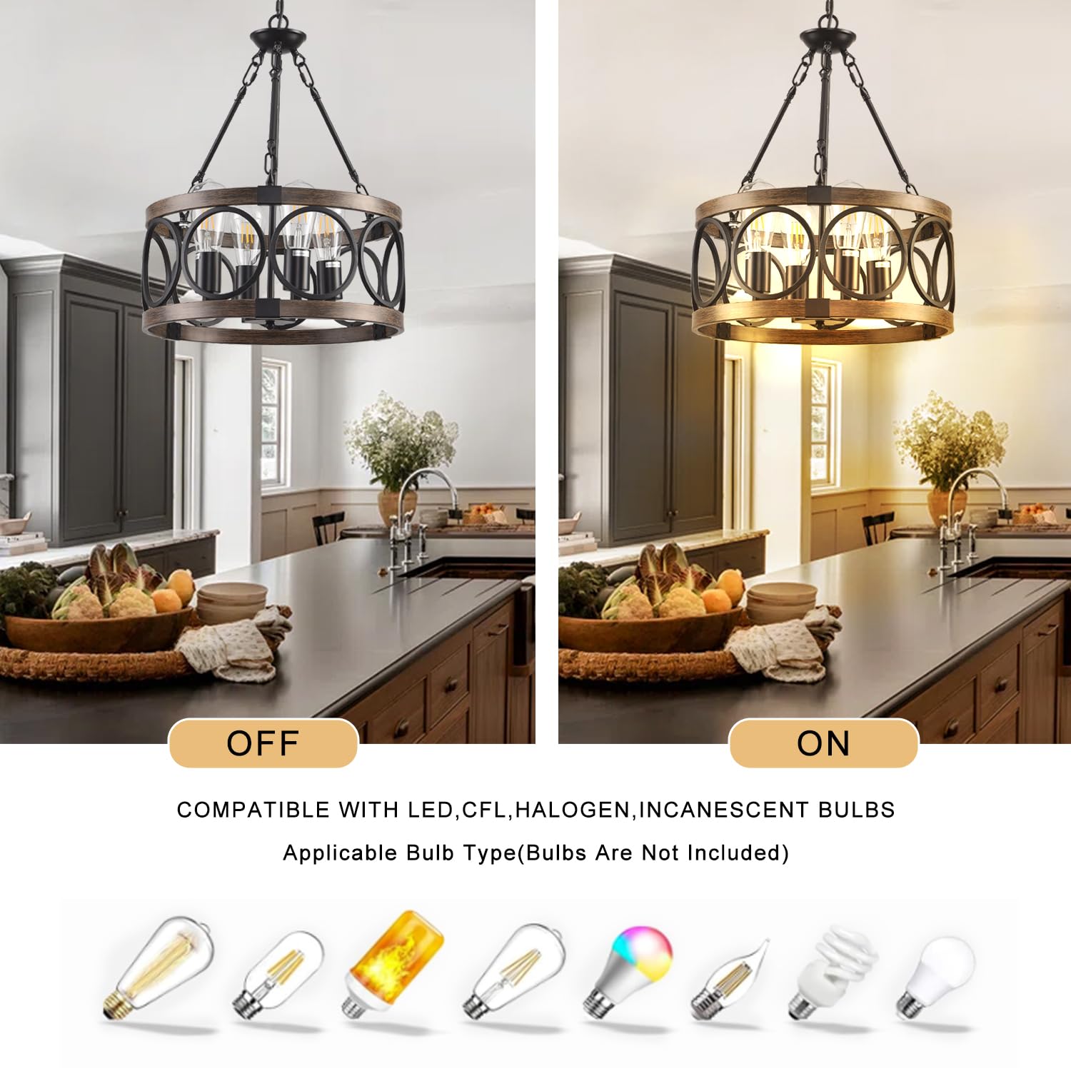 Shiandar Light Fixtures Ceiling Mount Kitchen, 4 Light Black Semi Flush Mount Ceiling Light Fixture,Modern Dining Room Chandelier Over Table,Vintage Farmhouse Chandelier For Dining Room