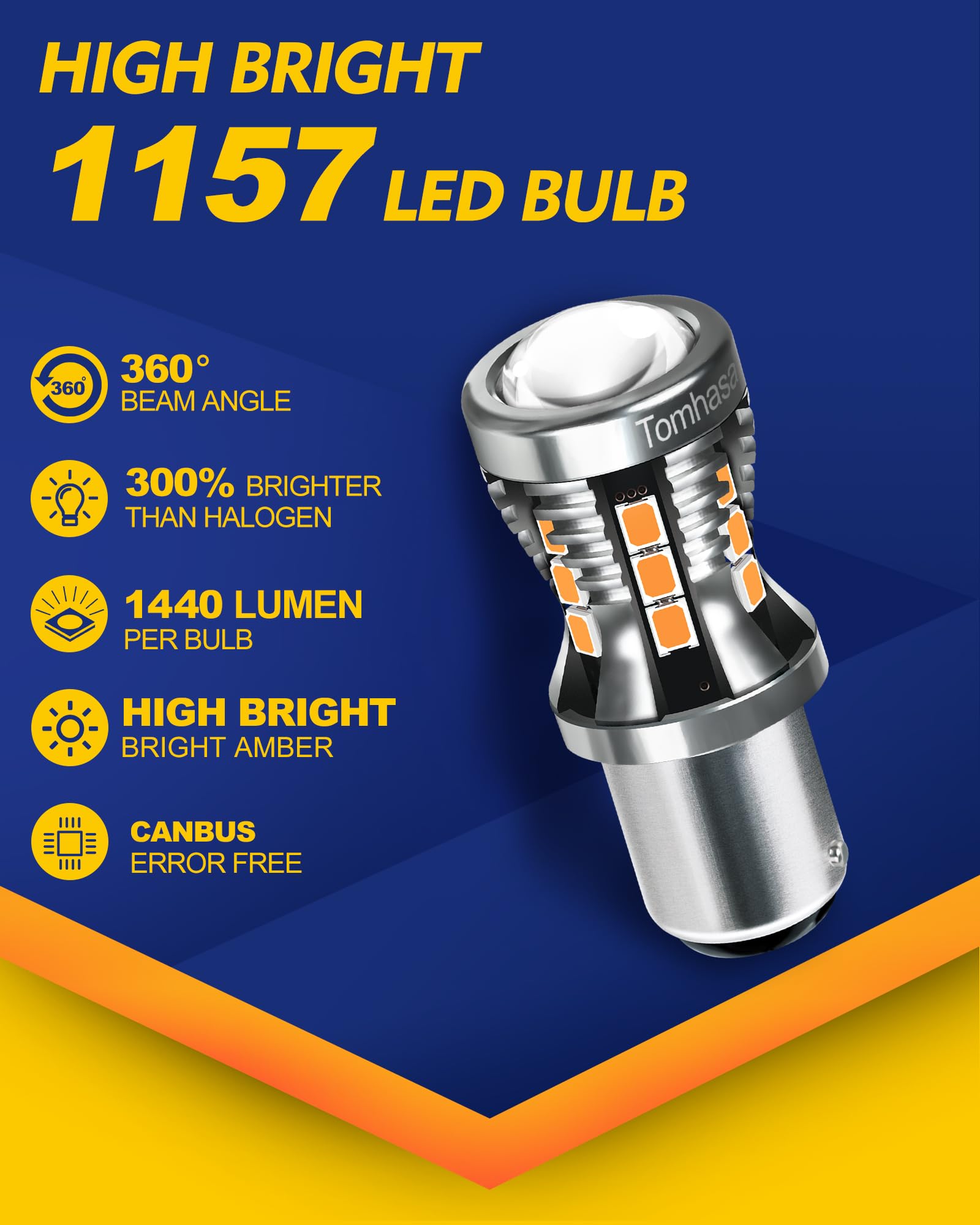 Tomhasa 1157 LED Turn Signal Bulbs, Amber Yellow, BAY15D 7528 2057 2357, Aluminum, Pack of 2