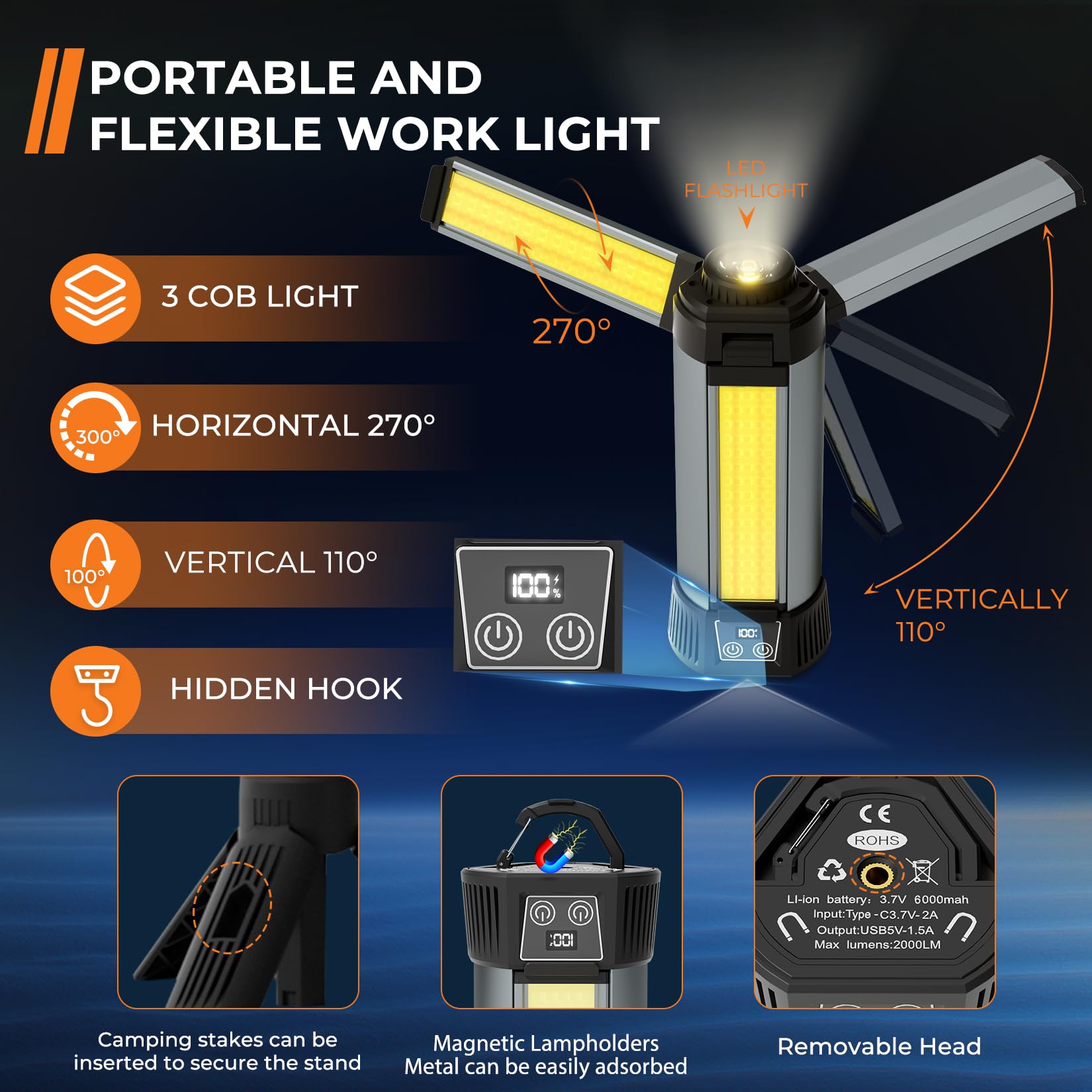 Geisofu Rechargeable Camping Light, 2000 Lumen LED Work Light with Telescopic Stand & 6AH Battery, Portable with Carrying Bag