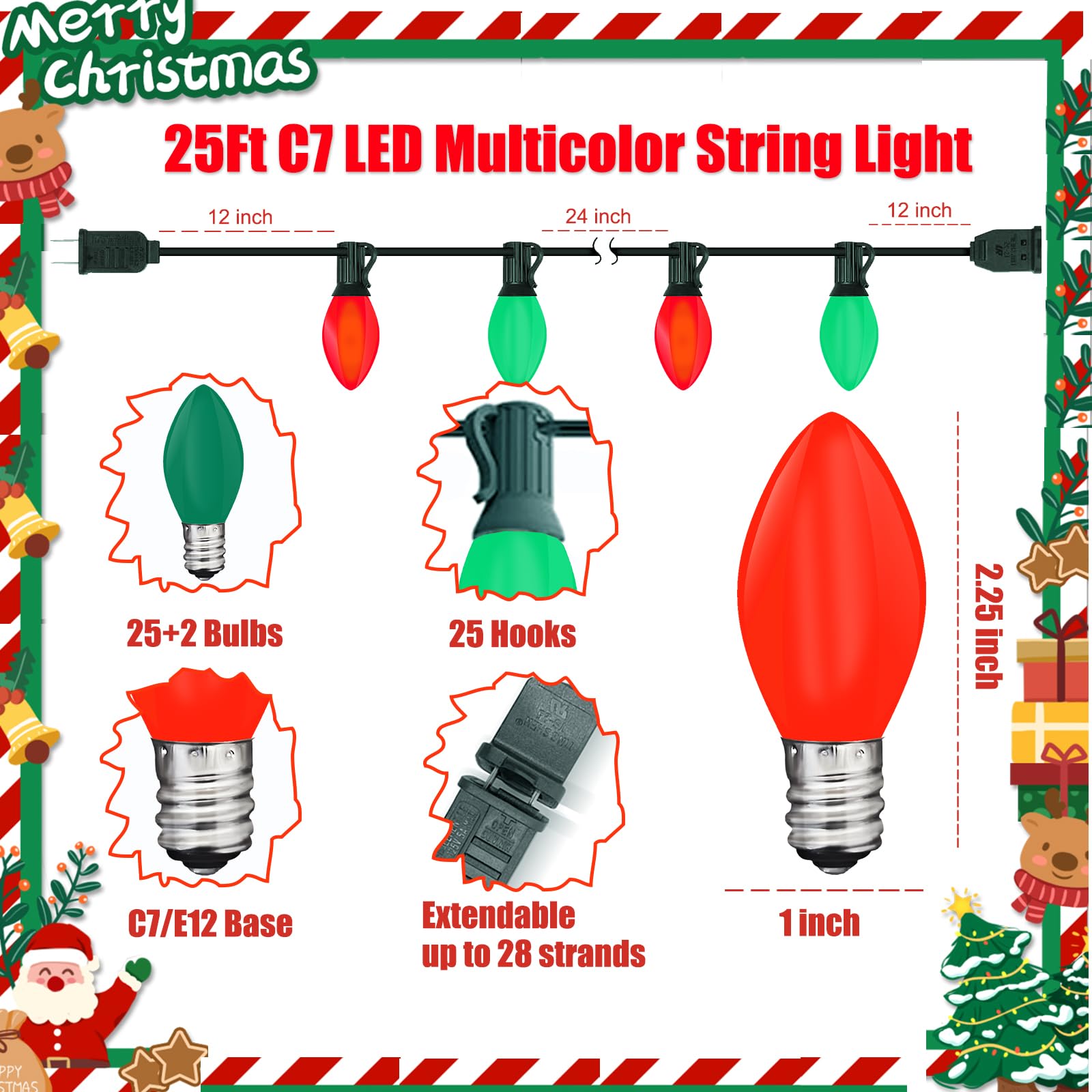 C7 Led Red And Green Christmas Lights, 25Ft Outdoor Christmas String Lights With 27 Led Red And Green Plastic Bulbs, Vintage Chr