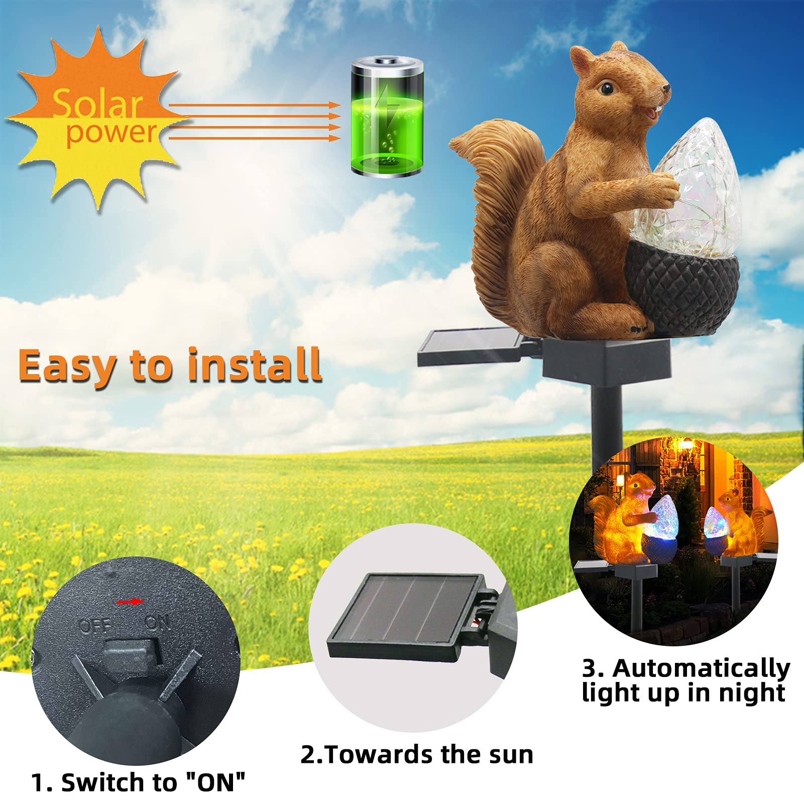 VGYVGYCC Solar Squirrel Stake Lights - Colorful LED, IP65 Waterproof, Resin Garden Decor for Yard and Patio