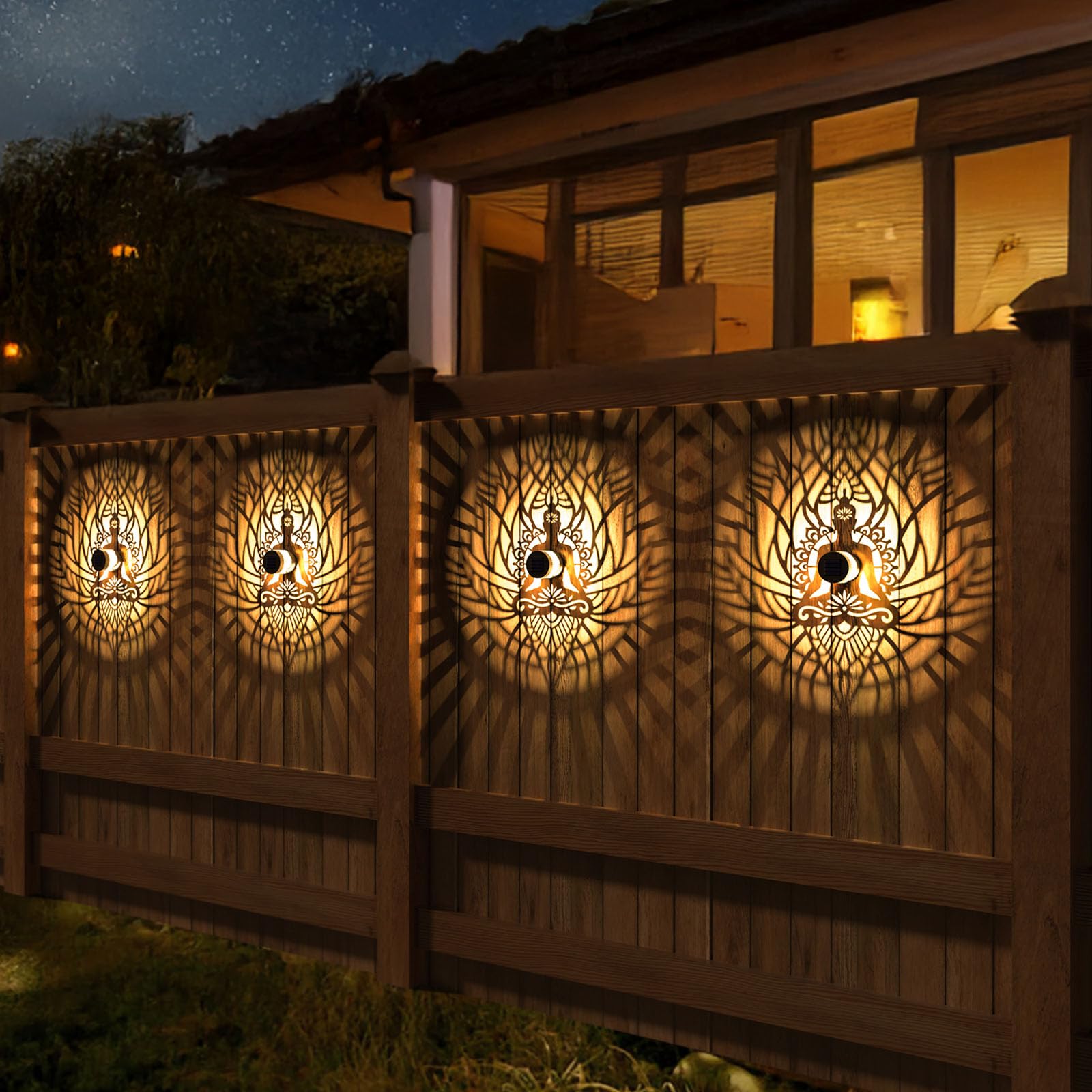 Gardencave Solar Fence Lights - 4 Pack Zen Theme Waterproof Outdoor Decor for Garden, Patio, Deck, Model Fence1