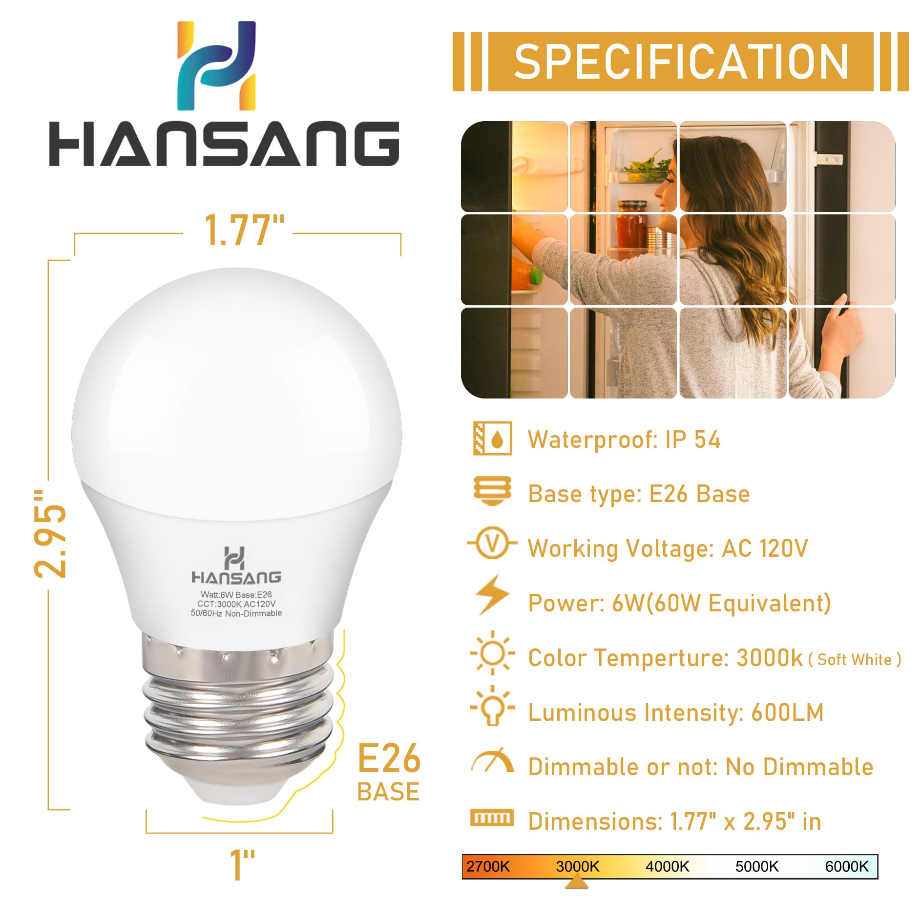 Hansang Led Refrigerator Light Bulb E26 Base, 3000K Soft White, 6W Waterproof Appliance Bulb 60Watt Equivalent, A15 Small Fridge
