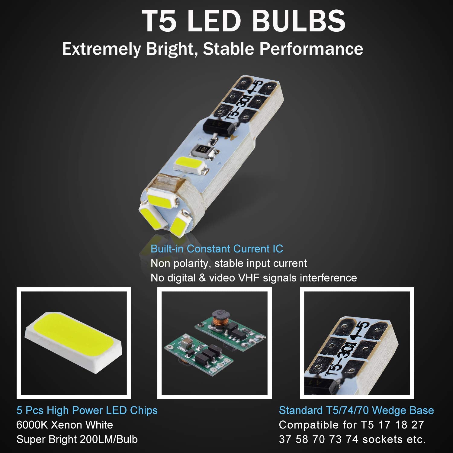 Brishine T5 37 74 2721 Led Bulbs Xenon White With Twist Lock Socket, Canbus Error Free Pc74 Pc37 882 Dashboard Instrument Panel
