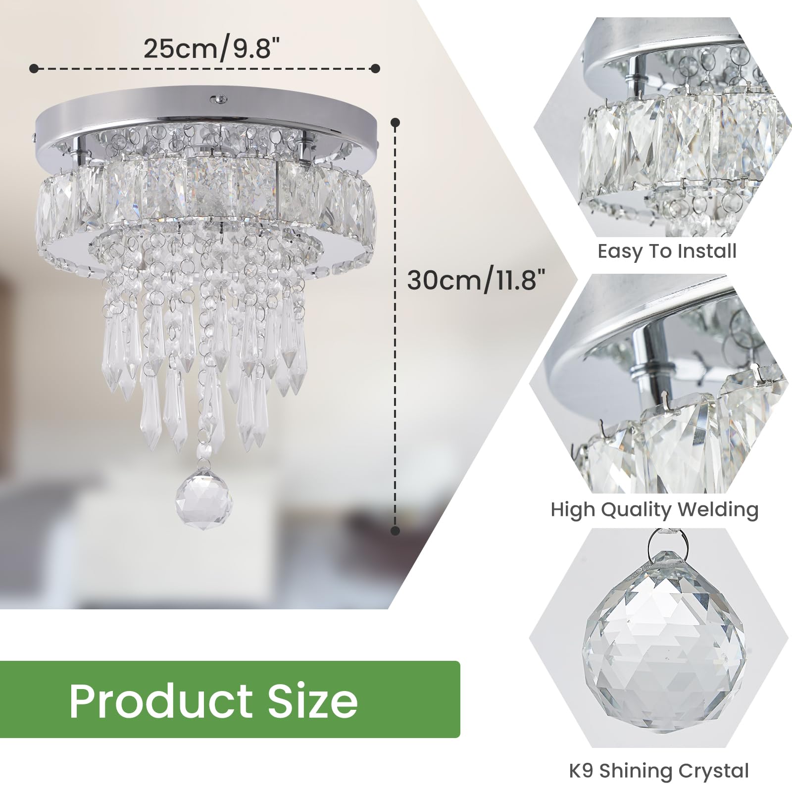 LEONTYNE 9.8" Small Flush Mount LED Crystal Chandelier, K9 Crystals, Steel Frame, 6000K Cool White, Model MC001-Cool