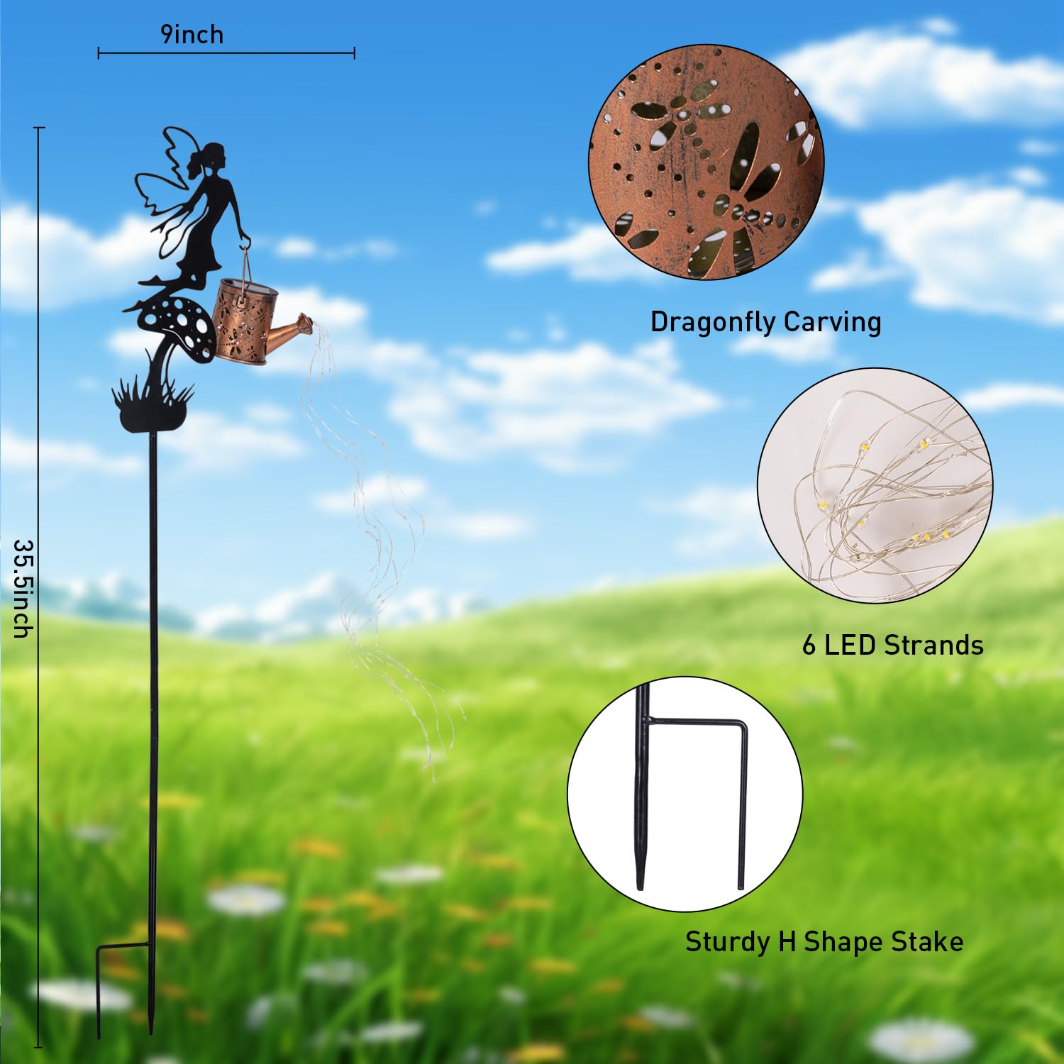 Huyieno 1Pack Solar Metal Watering Can With Fairy Angel Solar Hanging Lantern With Shepherd Hook 36 Warm White Leds Outdoor Led