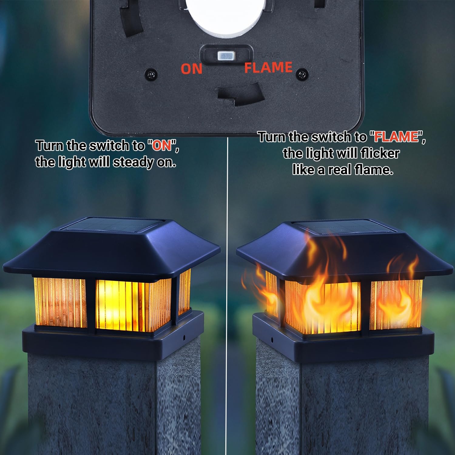 Dynaming Solar Flame Post Cap Lights - Waterproof Flickering LED Lanterns for 4x4, 5x5, 6x6 Posts, 6 Pack, Black