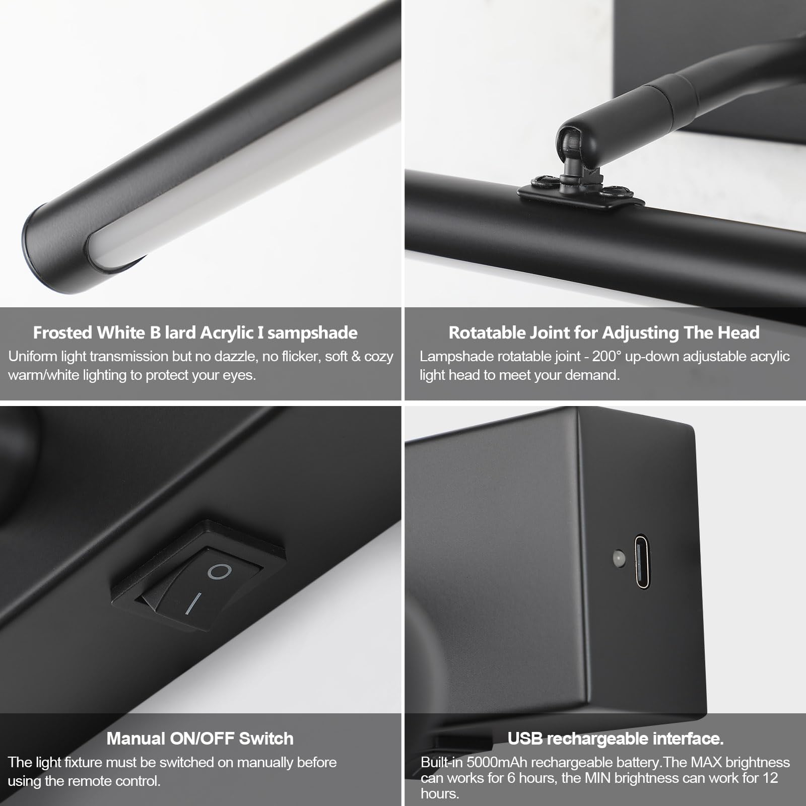 Wireless Picture Lights Battery Operated With Remote, Black Rechargeable Picture Lights For Wall Brightness Dimmable Sticker/Screw Installation, Art Light For Gallery, Artwork (Black, 12‘’) Warm Light