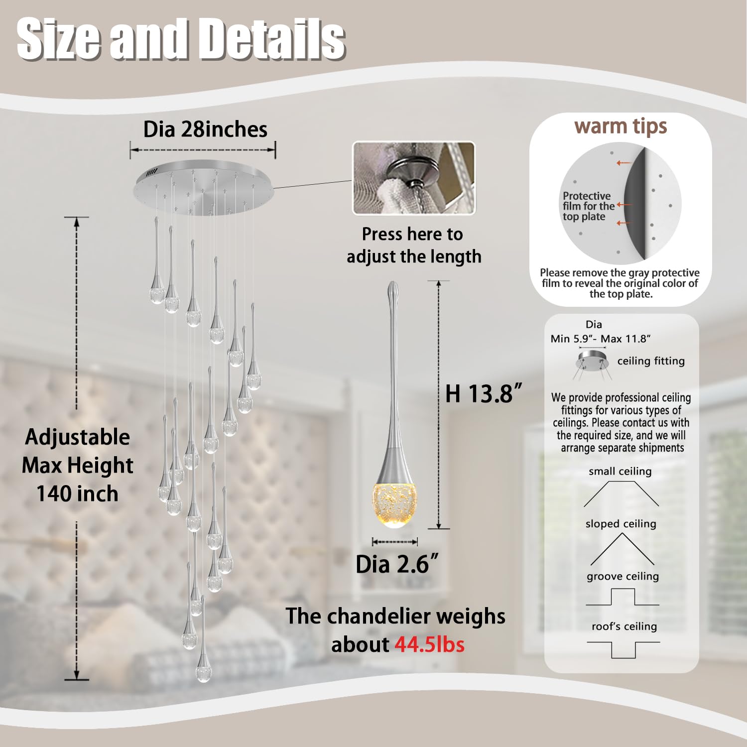 ykolupty Raindrop Crystal Chandelier, 138'' High Ceiling Pendant Light, 20-Lights, LED 2700-6000K, Silver Finish