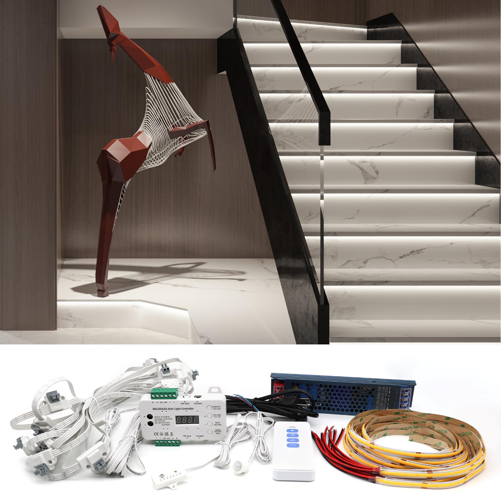 MALIIGAZA Intelligent Motion Sensor LED Stair Light Kit, 47.2in Cuttable LED Strip, Daylight Sensor, Model STEP-09-16S-CW, 6000K
