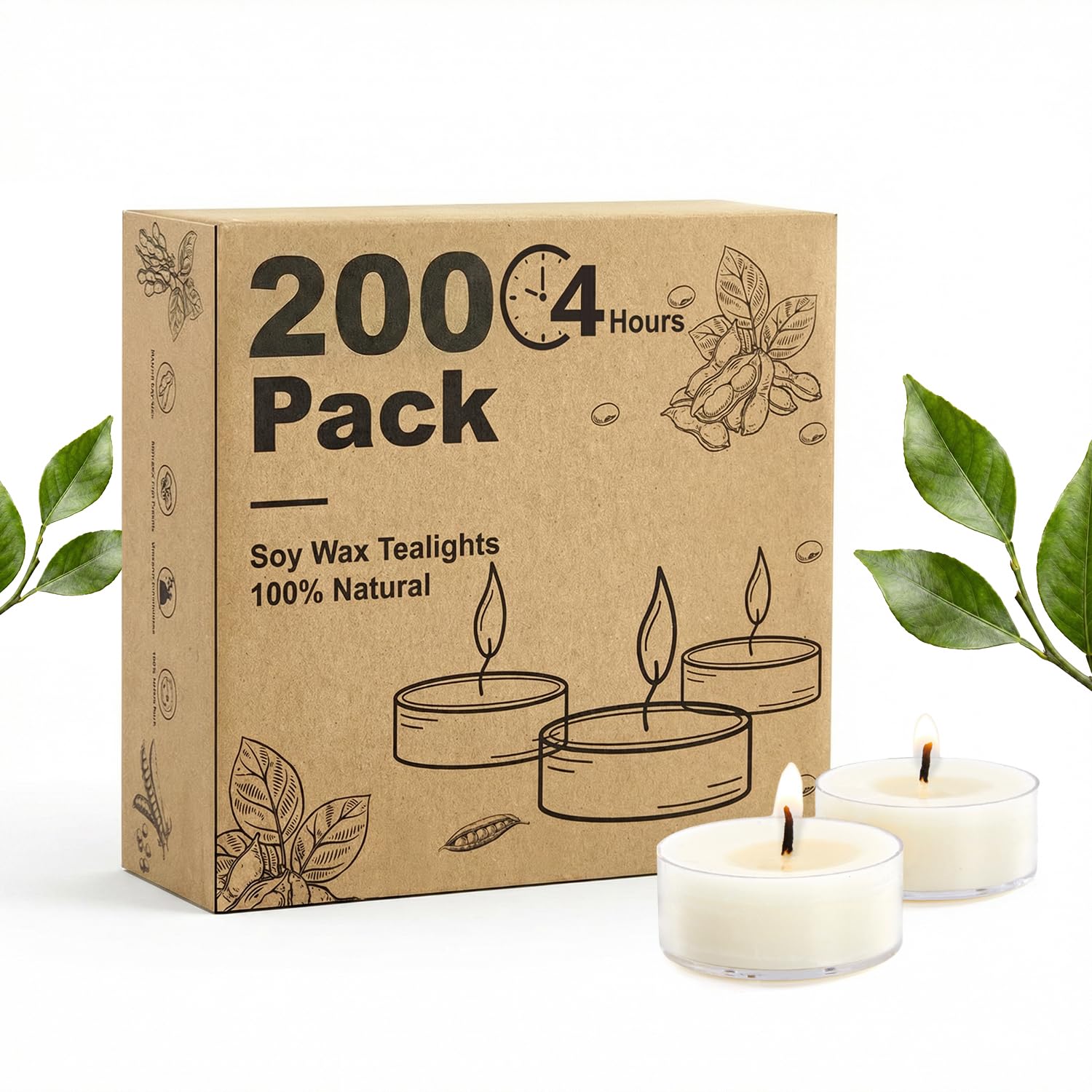 Hypmis Unscented Soy Tea Lights Candles 200 Pack Bulk, 4 Hours Long Burning White Tea Lights,Non-Paraffin, Smokeless, Mini Teali