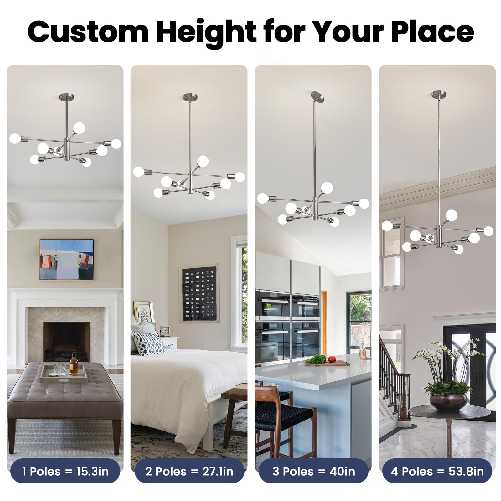 RUIYEY Modern Sputnik Chandelier, 8-Light Brushed Nickel Ceiling Light, Adjustable Pendant for Dining Room & Entryway