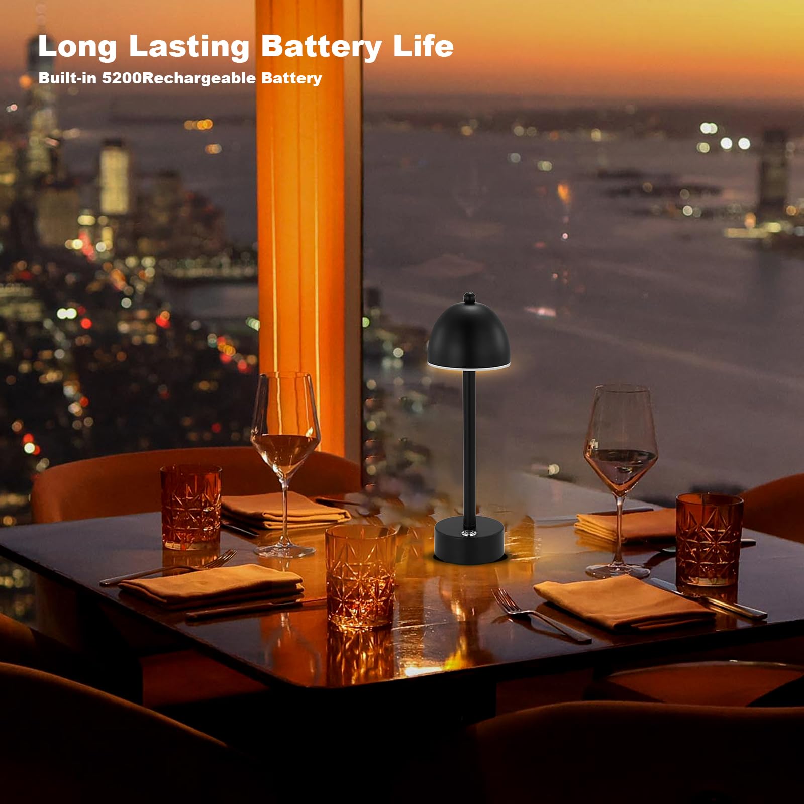 Umexus Rechargeable Cordless Table Lamp, 5200Mah Small Battery Operated Led Desk Lamp For Restaurant Bar Patio Dining Table, Dimmable Touch Beside Night Light, Portable Outdoor, Metal Black