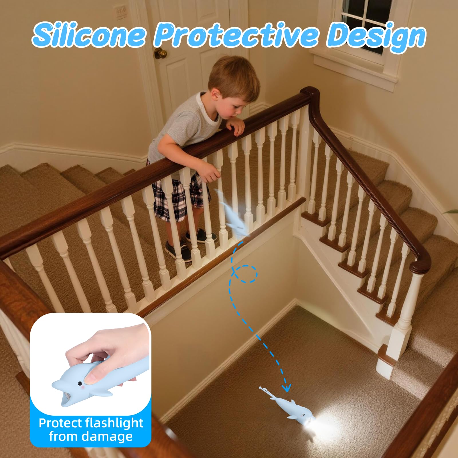 Tremdwoto Rechargeable Kids Flashlight - Cute Dolphin Model, Blue Silicone, Perfect for Camping, Outdoor Adventures, and Night Walks