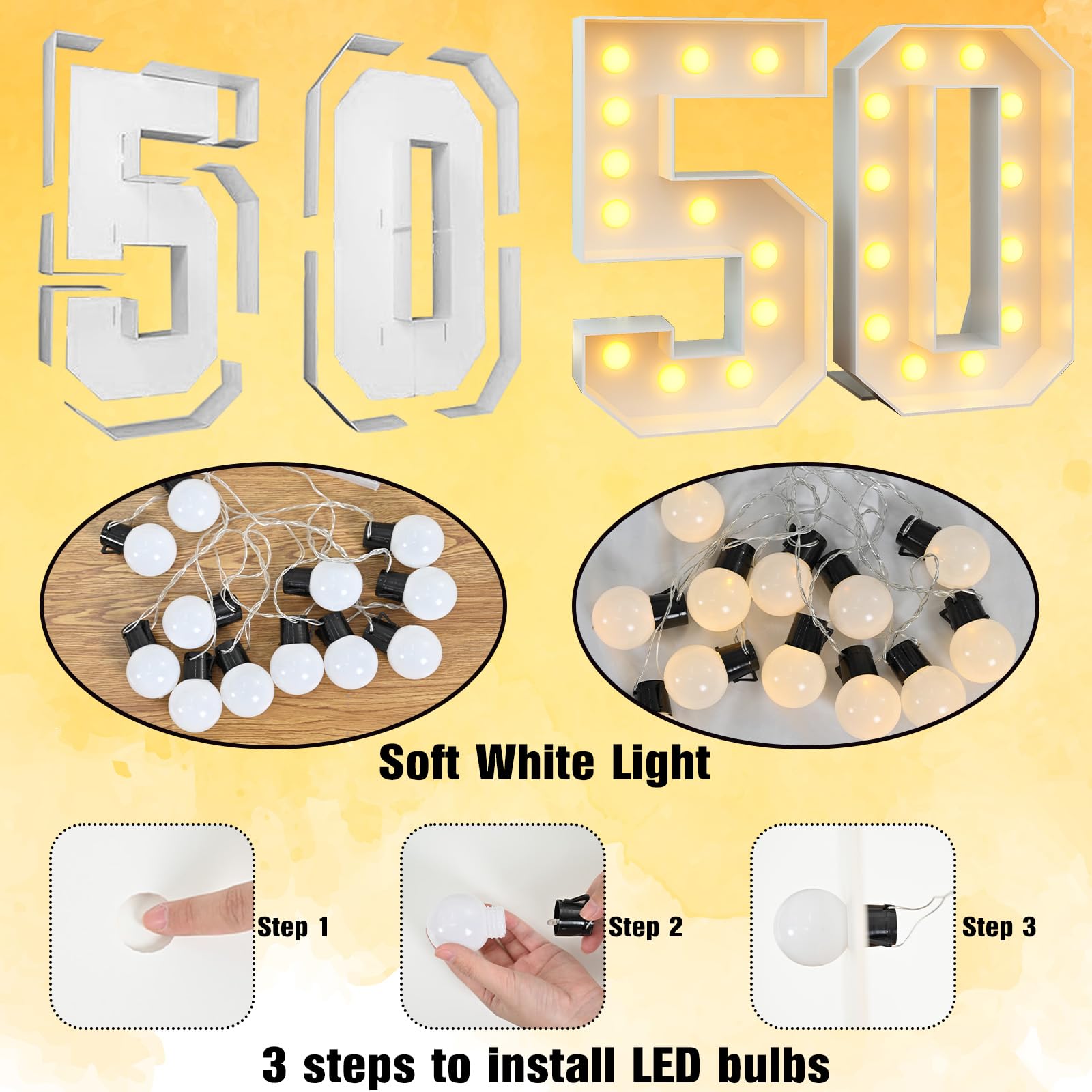 Paeyeq 4ft Light Up Number 50 Marquee Sign - White Cardboard with Bulbs for 50th Birthday Party Decorations