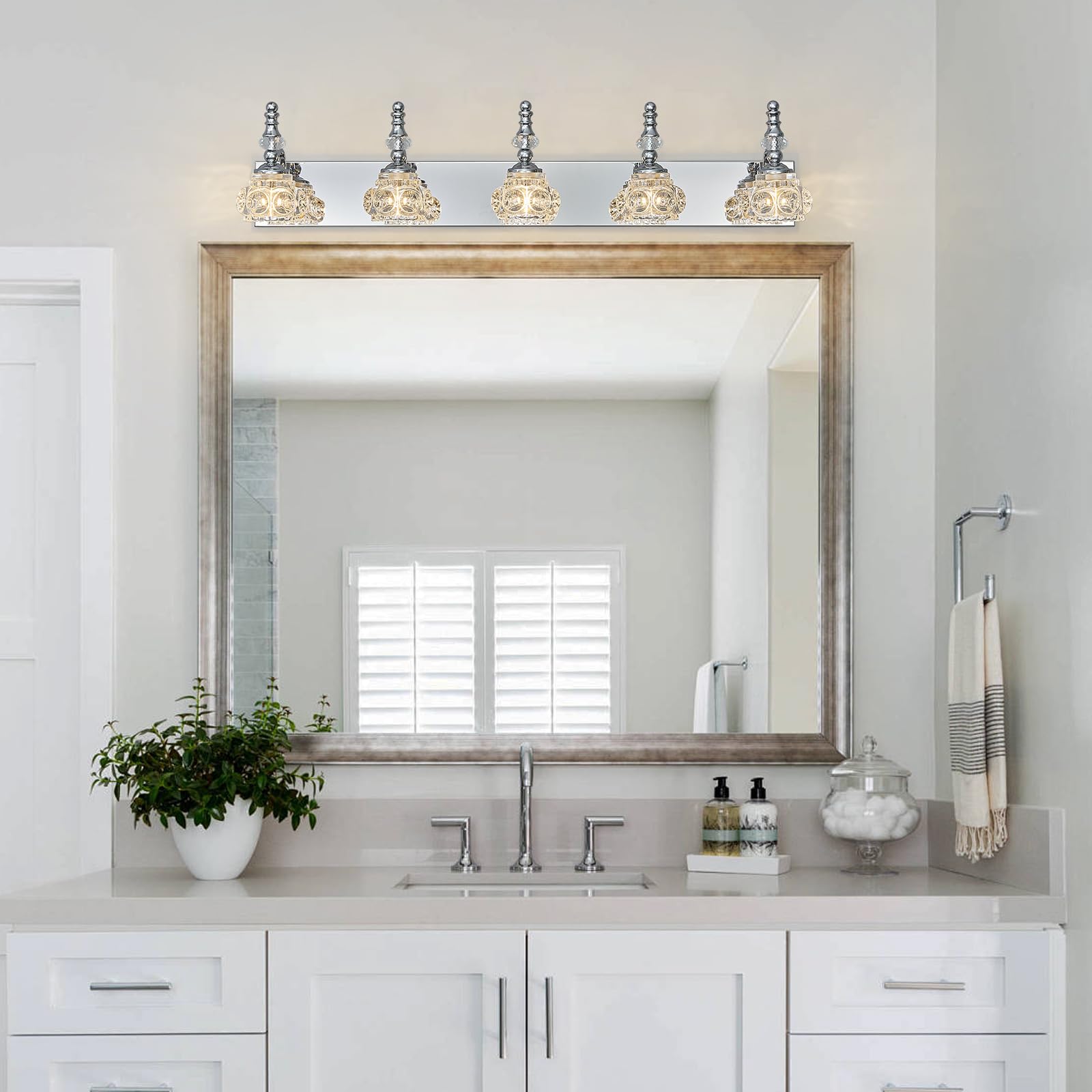 Lbsqj Modern Glass Crystal Vanity Light - Vintage Bathroom Lighting Fixtures Over Mirror  5 Light Vanity Lights  G9 Bulb (35.43 Inch  Chrome)