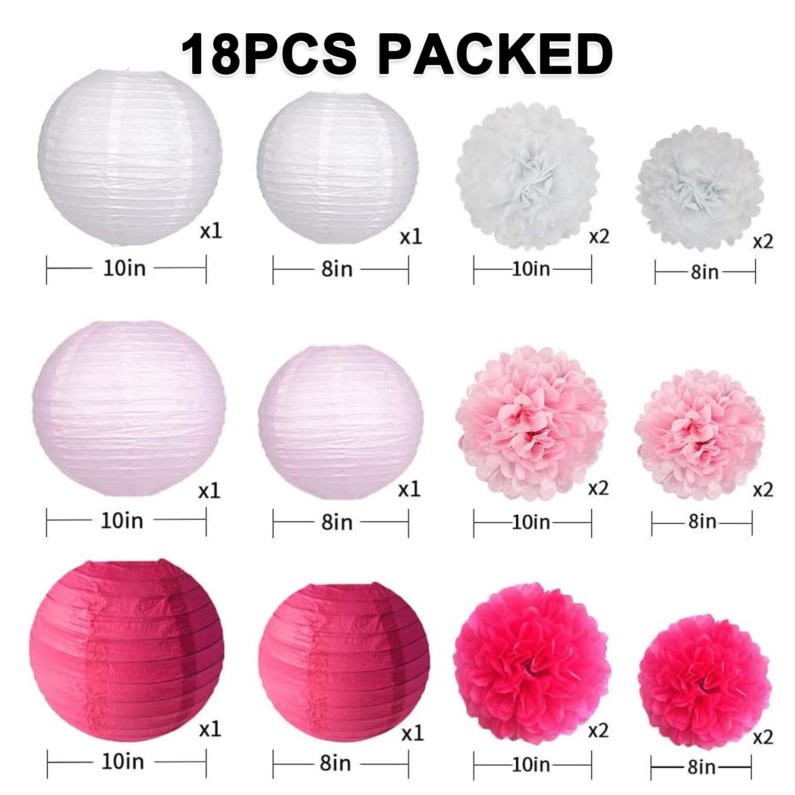 Celehappy Pink Paper Lanterns Party Decorations Tissue Paper Pom Poms For Weddings Birthdays Parties 18Pcs Hanging Paper Lantern