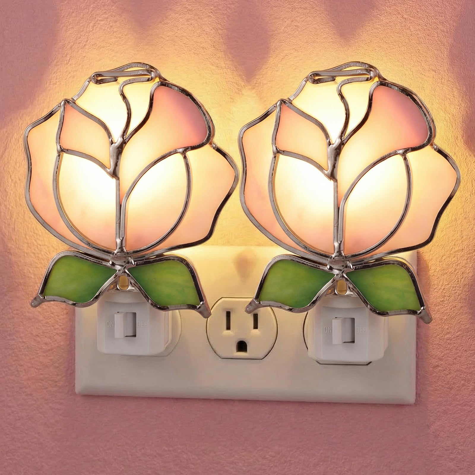 Baquler 2 Pcs Stained Glass Pink Rose Night Light Plug into Wall, Pink Floral Spring Flower Light Decor for Home Bedroom Bathroo