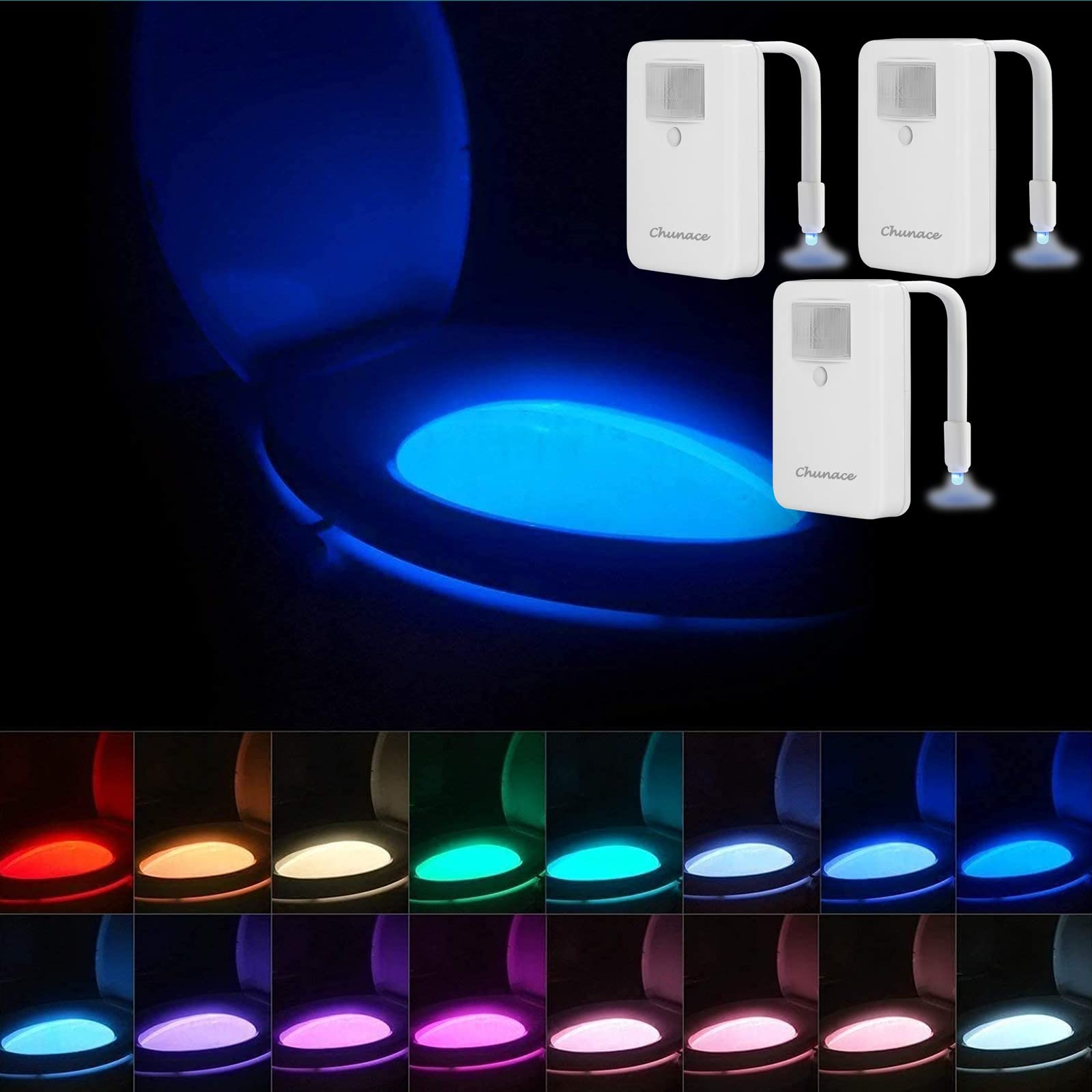 Chunace Toilet Night Lights 3 Pack, 16 Color LED, Motion Sensor, White, Model H550