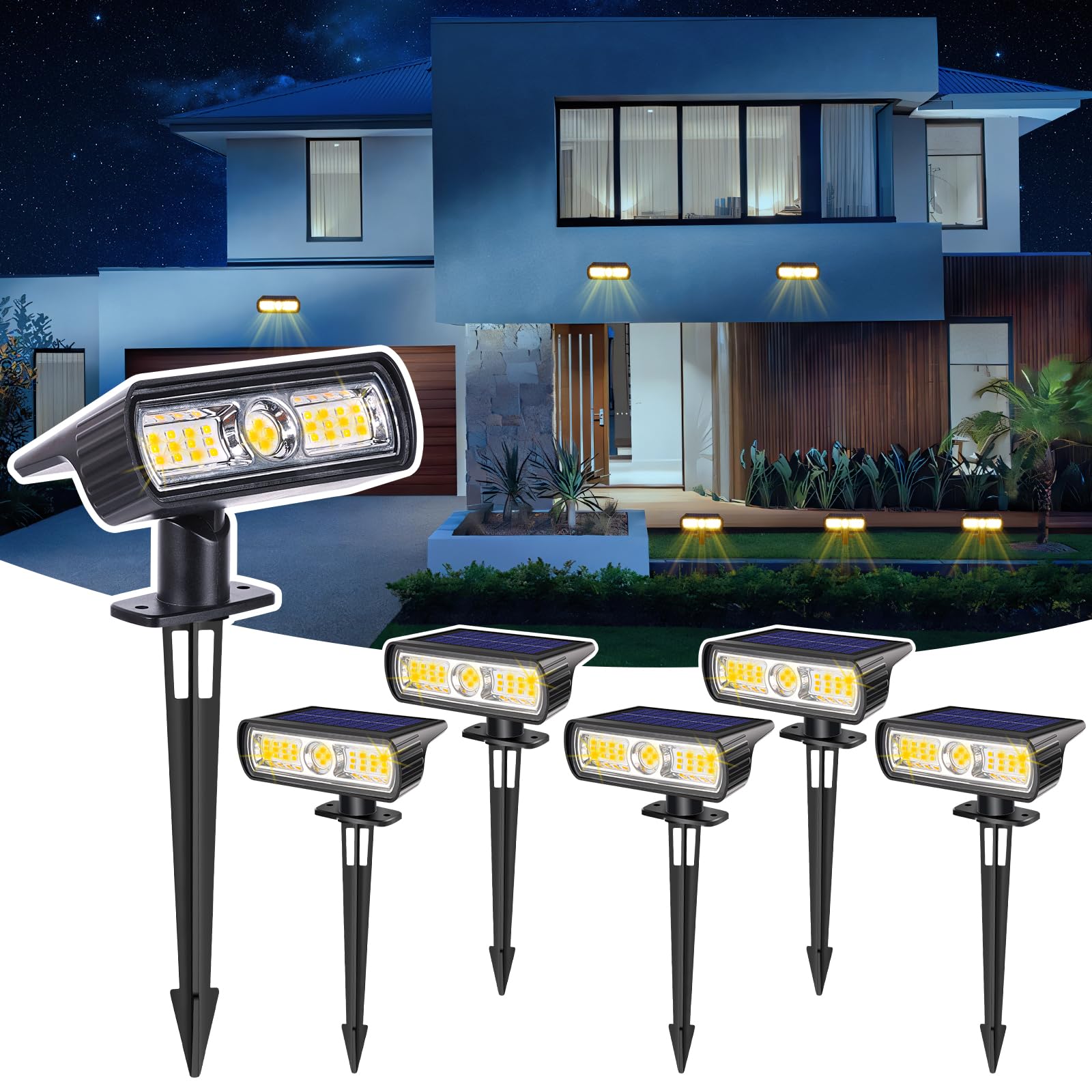 Toodour Solar Spot Light Outdoor  6 Pack Solar Lights Outdoor with 2 Modes  Waterproof Solar Powered Flood Lights Landscape Lighting for Yard Garden Home Pathway Walkway Outdoor Decor - Warm White