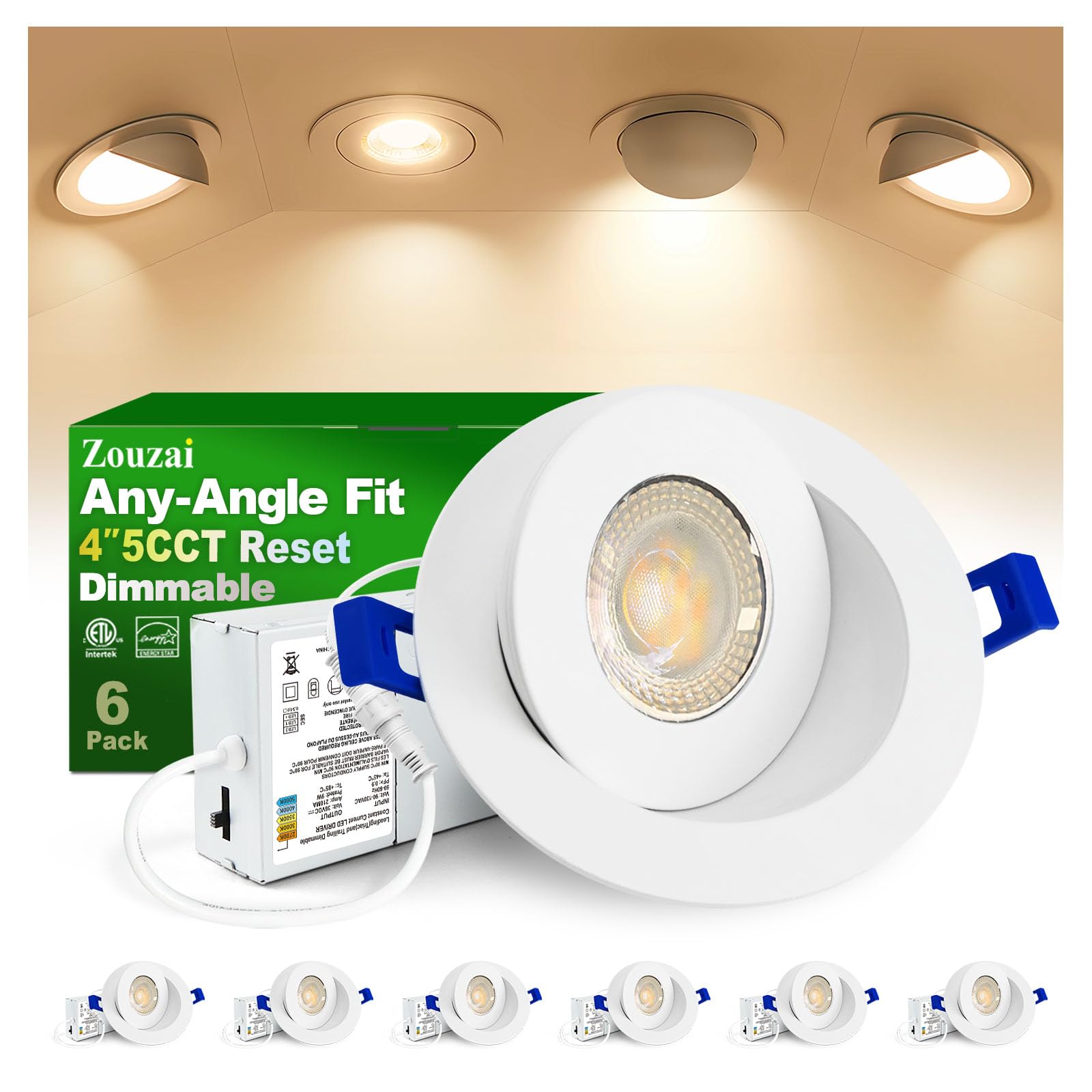 zouzai 6 Pack 4 inch 5CCT LED Gimbal Led Recessed Light with Junction Box, 360+90 Adjustable Directional Eyeball Lighting, Dimma