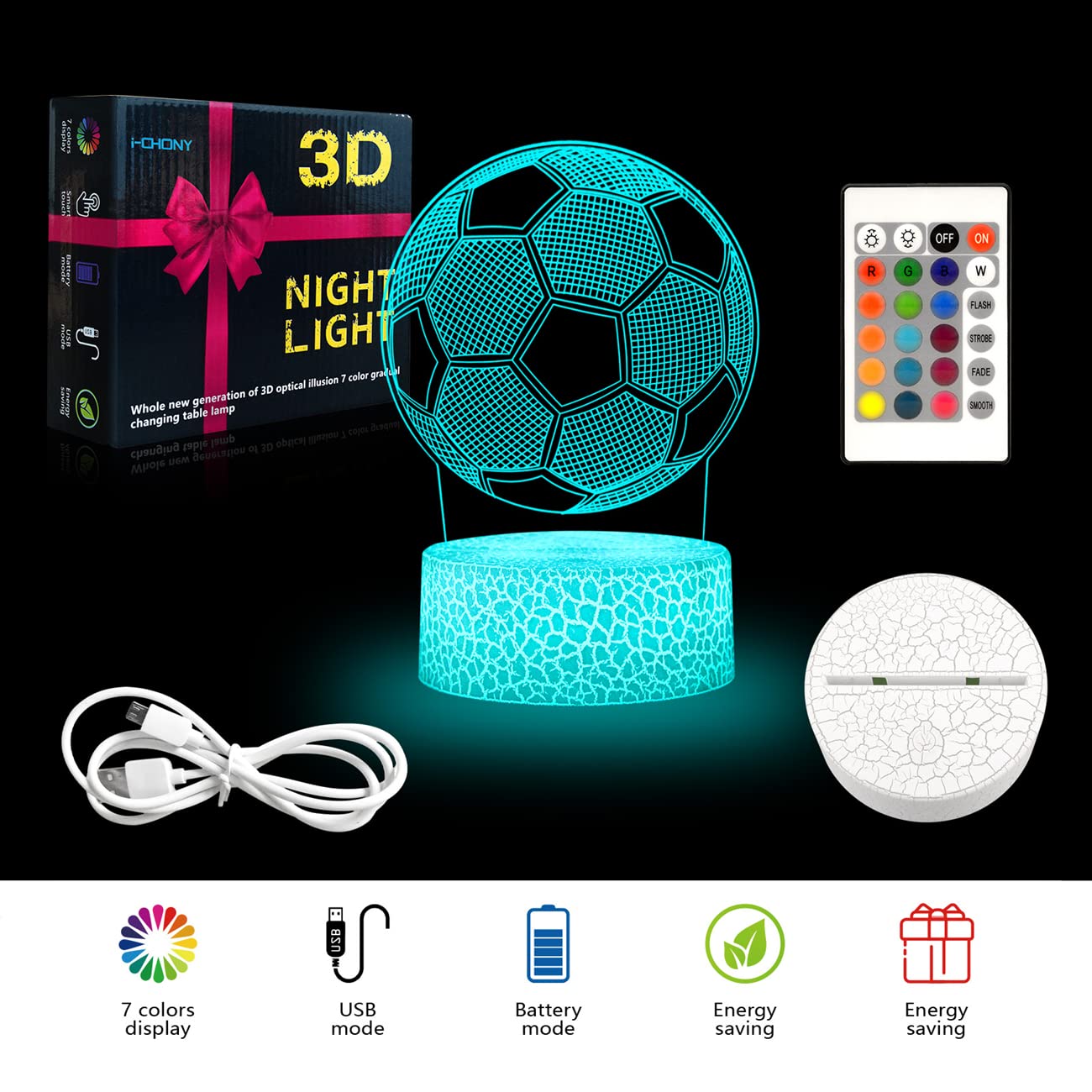 I-Chony Soccer Gifts Night Light For Kids,Soccer 3D Illusion Lamp 16 Colors Dimmable Bedroom Decor Bedside Lamp,With Remote & Sm