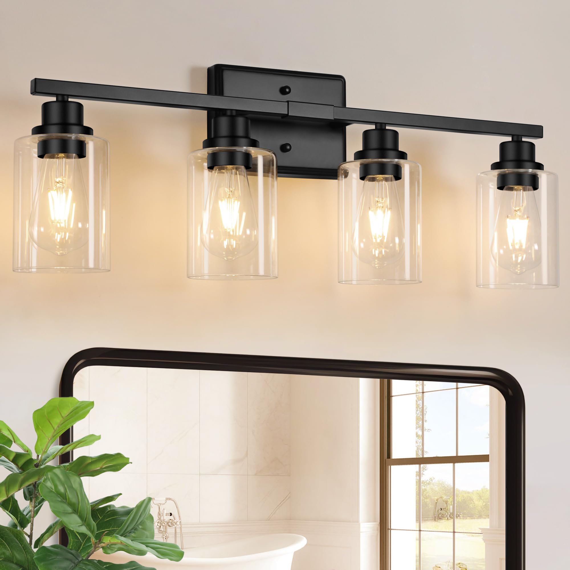 Unicozin 4 Light Bathroom Vanity Fixture, Black Metal Wall Lamp with Clear Glass for Living Room, Cabinet, Bedroom, Porch