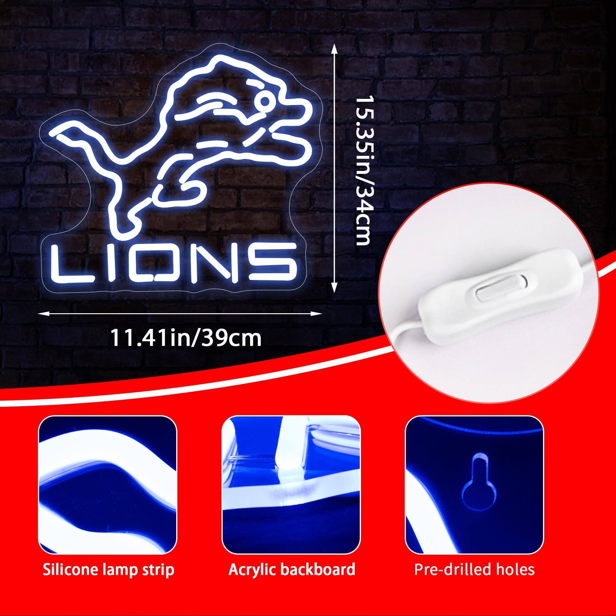 Ftmggdg Lions Neon Football Sign - Led Sports Decor Light For Man Cave, Bedroom, Club, 14.6X12.