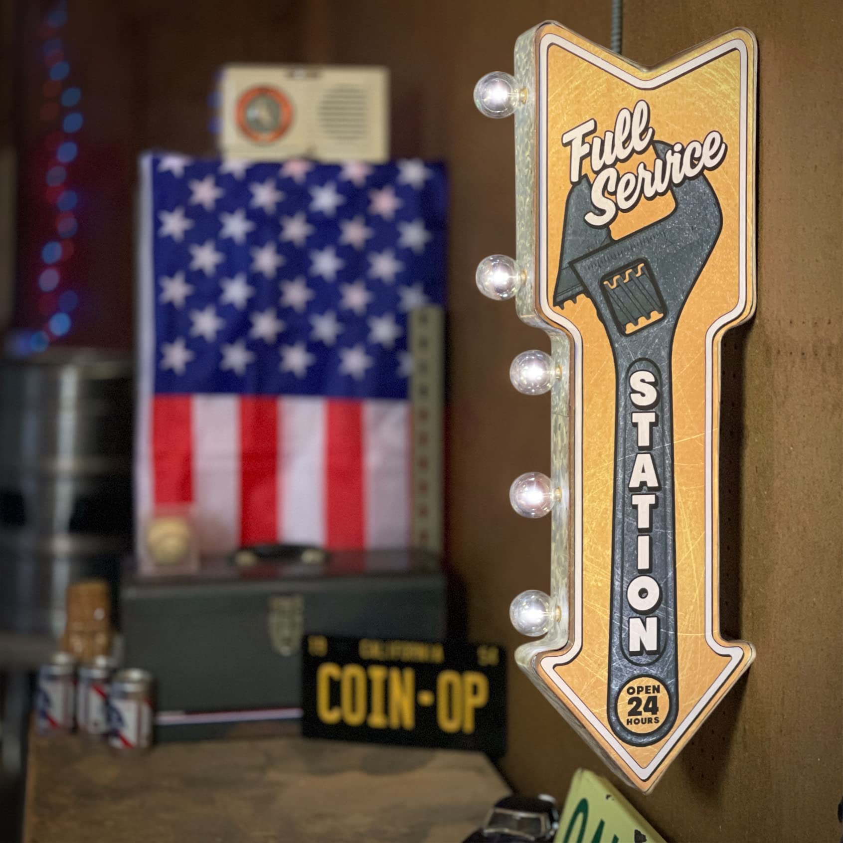 American Vintage Sign Co. Double-Sided Marquee Sign, Metal, LED Bulbs, 26” x 3” x 8”, Full Service Station, Model AVSC-5016