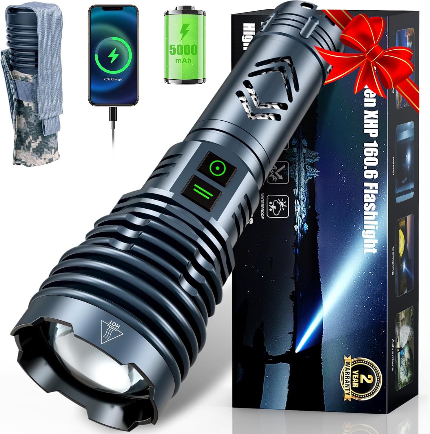 Rechargeable Flashlights 2000000 High Lumens Super Bright Led Flashlight Flash Light Powered By Battery|25H Long Life|Holster|Zoomable 6Modes|Waterproof Tactical Flashlights For Camping Outdoor Home