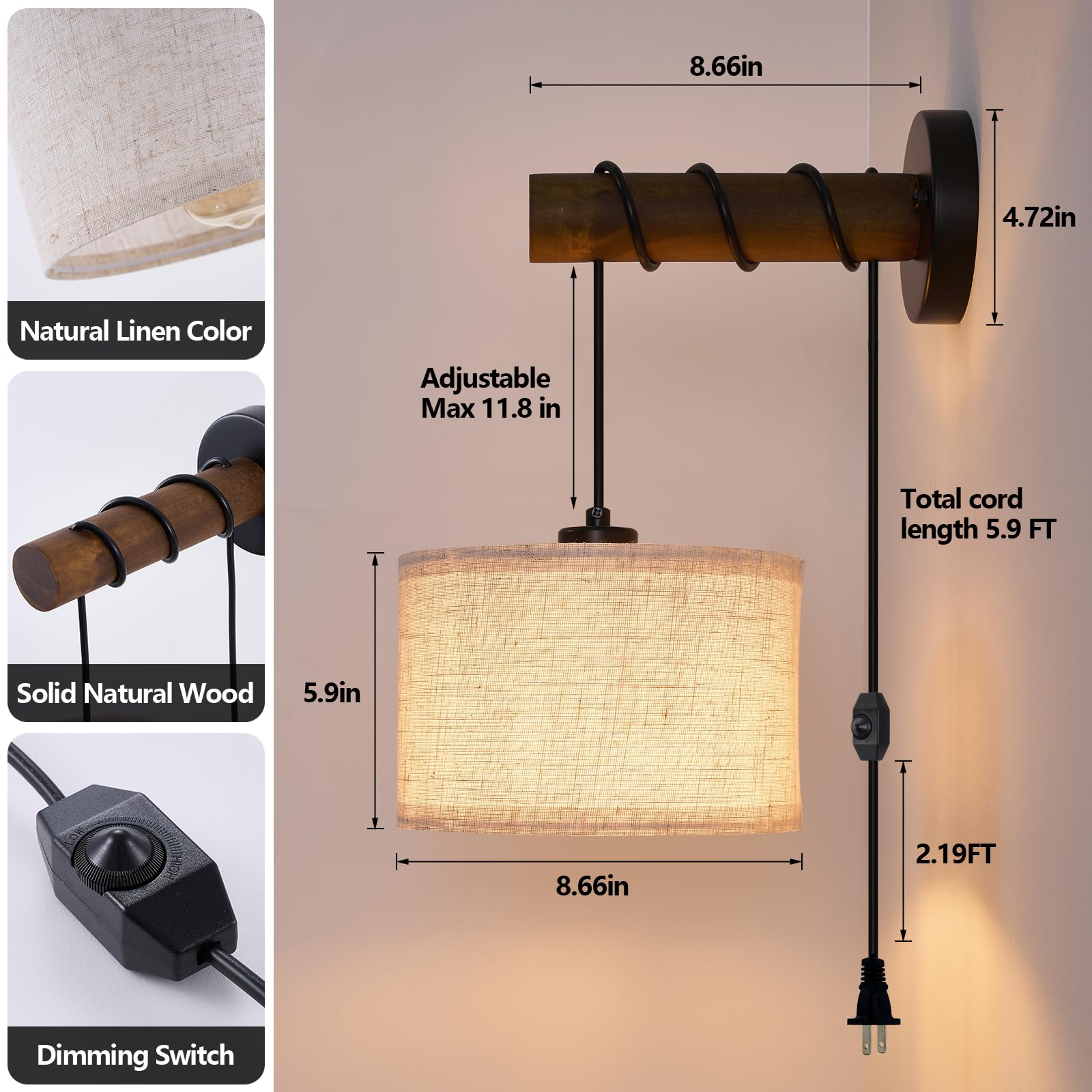 Xsdetu Plug In Wall Sconces Set Of 2  Farmhouse Wall Lamp With 5.9Ft Plug In Cord  Dimmable Hanging Wall Lighting With Fabric Shade  Adjustable Wall Mount Lights For Bedroom Living Room  Wooden Arm