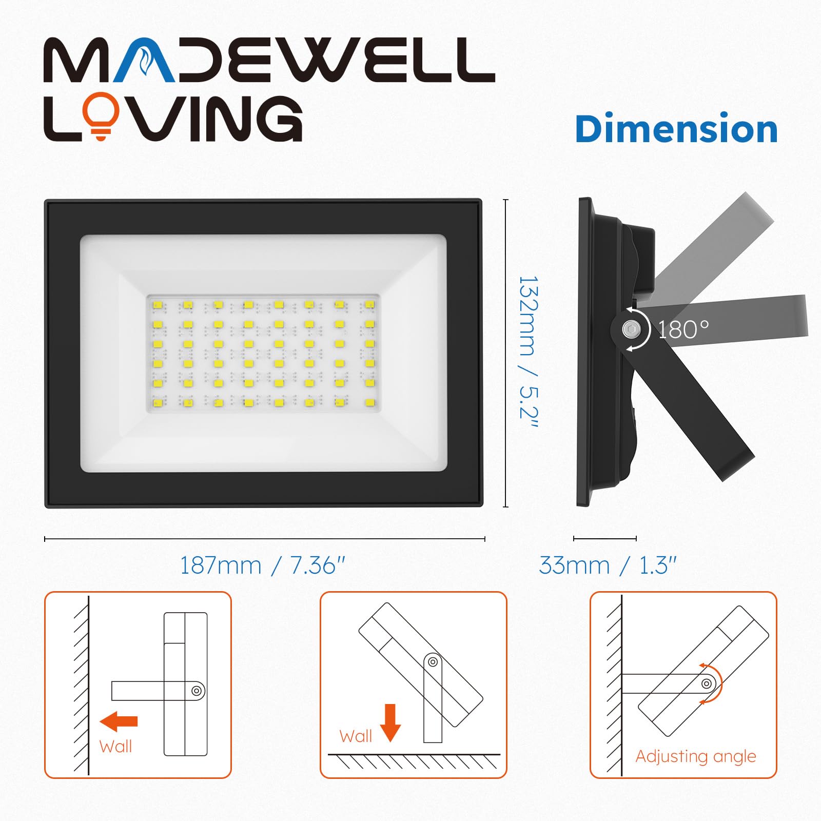 Madewell Living 50W LED Flood Lights 2-Pack - 9000 Lumens, IP66 Waterproof, Black, Model LFL1-50W