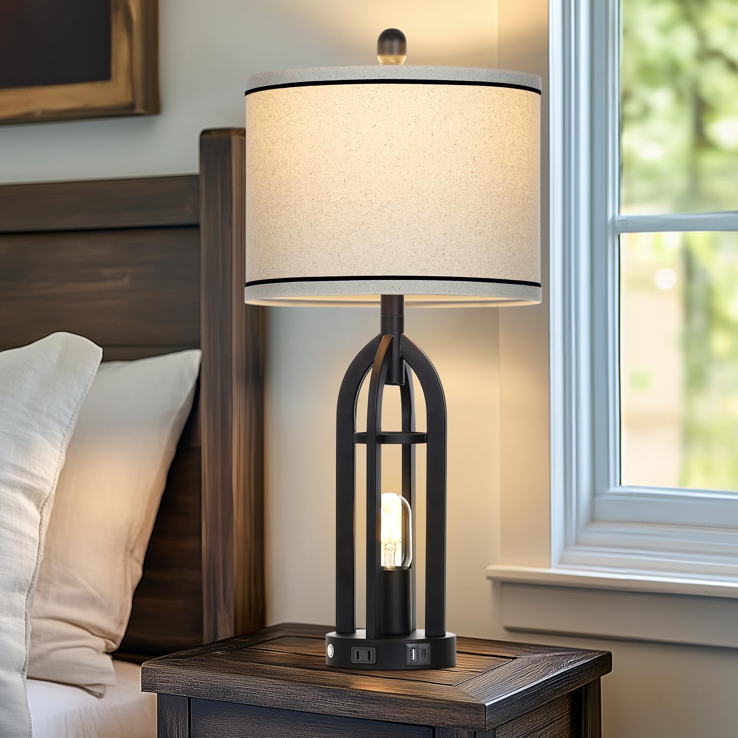 Cinyirong 27'' Farmhouse Table Lamps Set Of 2 With Usb A+C Charging Ports,3-Way Dimmable Touch Control Bedside Lamps With Nightl
