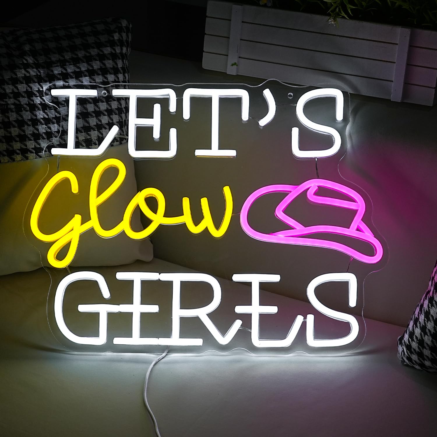 GNVETZLL Neon Sign for Wall Decor, Dimmable LED Cowboy Hat Light, 16.5in x 12.2in, White Yellow Pink, Girls Room Bedroom Party Wedding Gifts