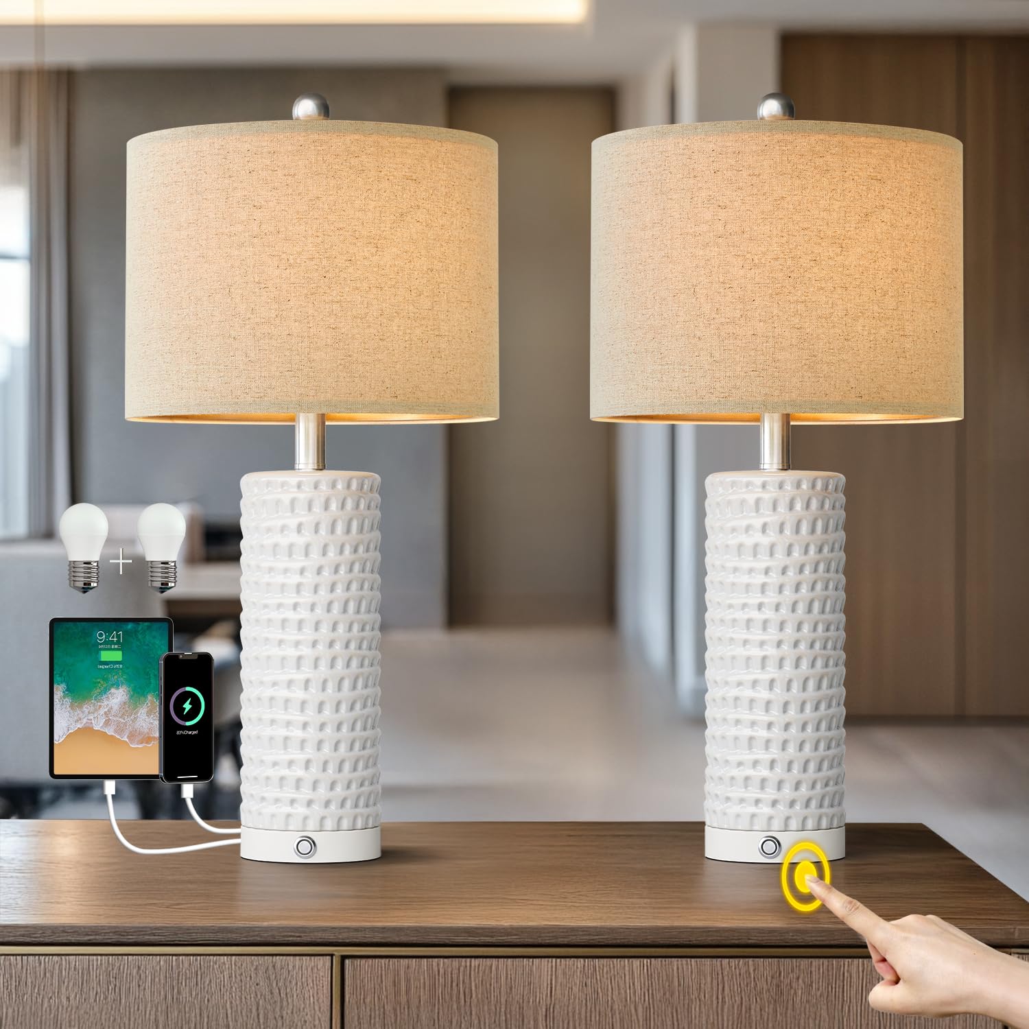 PORTRES 24in Ceramic Touch Table Lamp Set of 2, Dimmable, USB Charging Ports, White, Model AMZ-T1062WH-TU