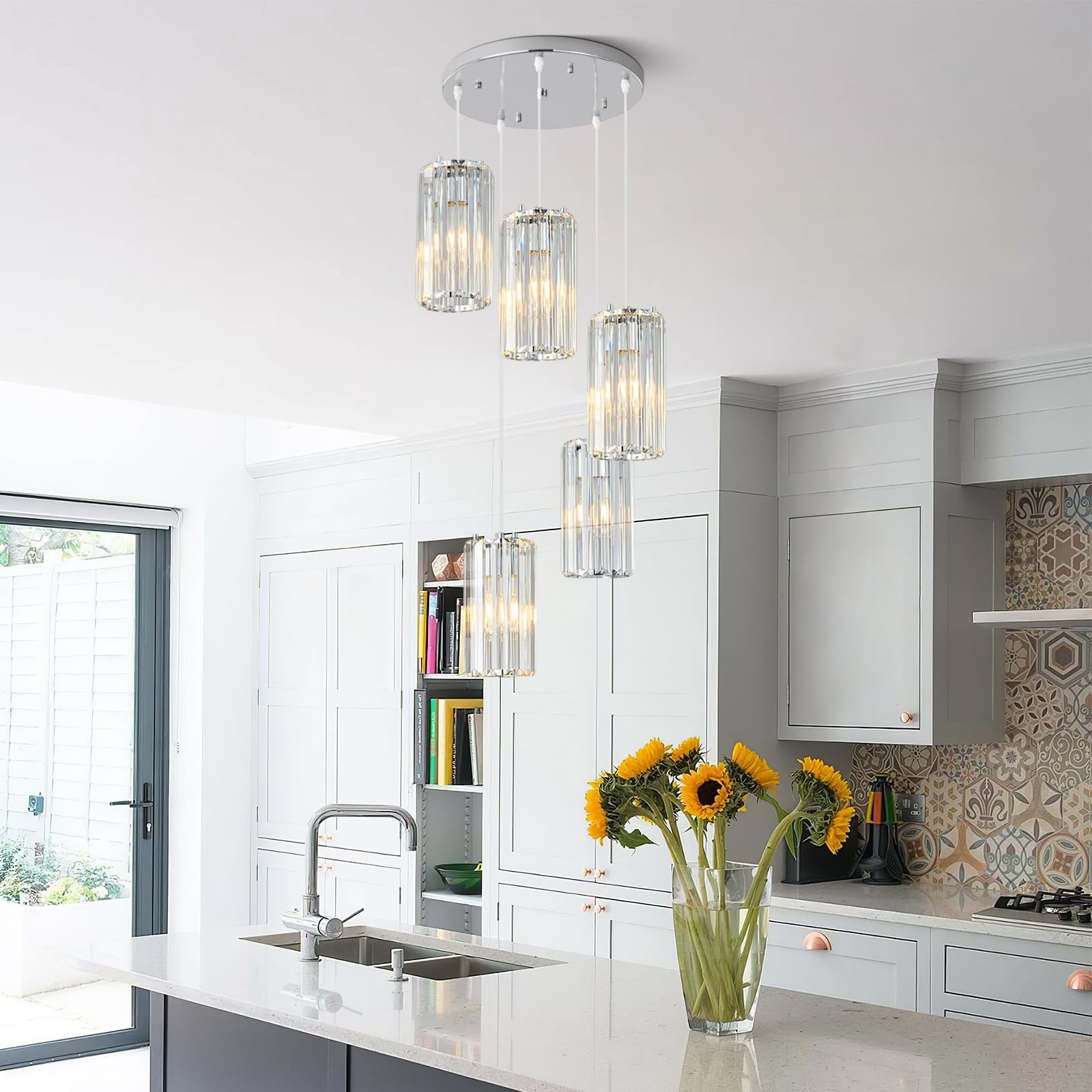 Zhllmq Chrome Pendant Lighting Modern Pendant Light  Mini Crystal Chandeliers Adjustable Pendant Light Fixture For Kitchen Island Dinning Room Corridor Bedroom(Gold 5-Light)