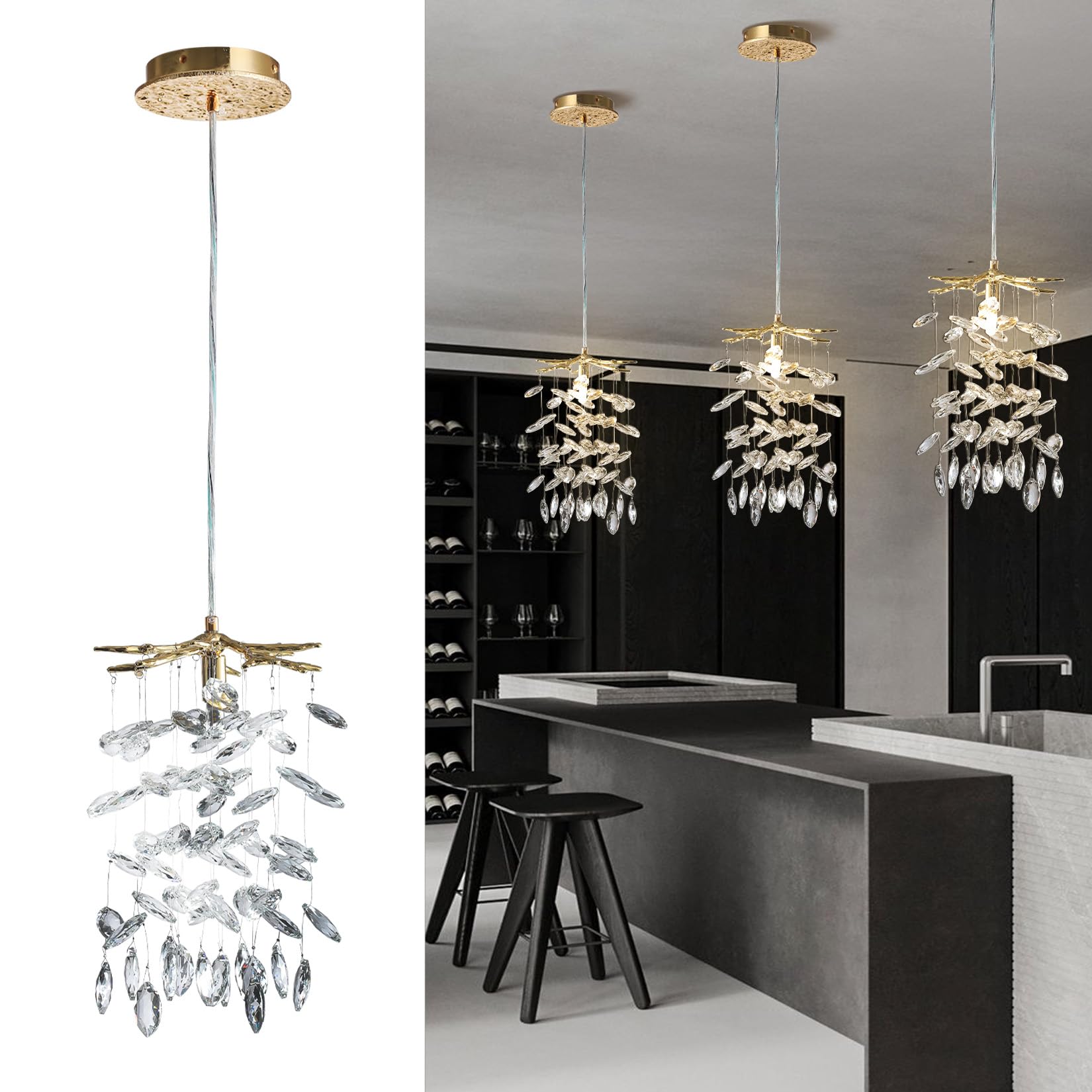 Yuyi Modern Crystal Chandelier, 8.3'' Gold Tree Branch Chandelier For Dining Room, Luxury Raindrop Chandeliers Hanging Light Fix