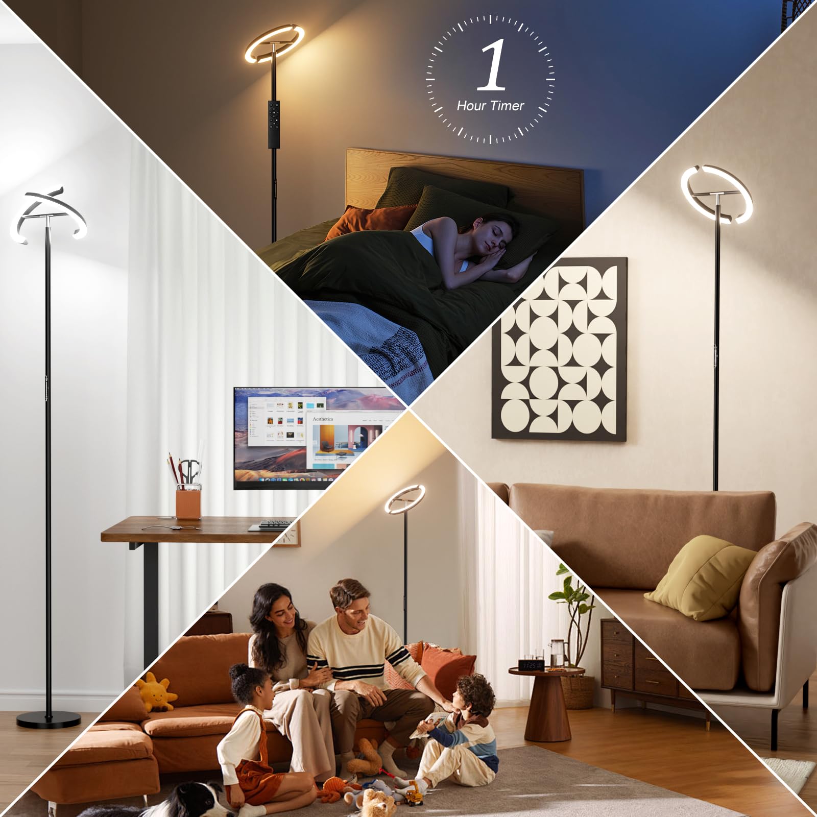 PreeOtti LED Floor Lamp - 73.6 Tall Modern Standing Lamp with 2 Rotatable Lights, Remote & Touch Control, 36W Bright Stepless Di