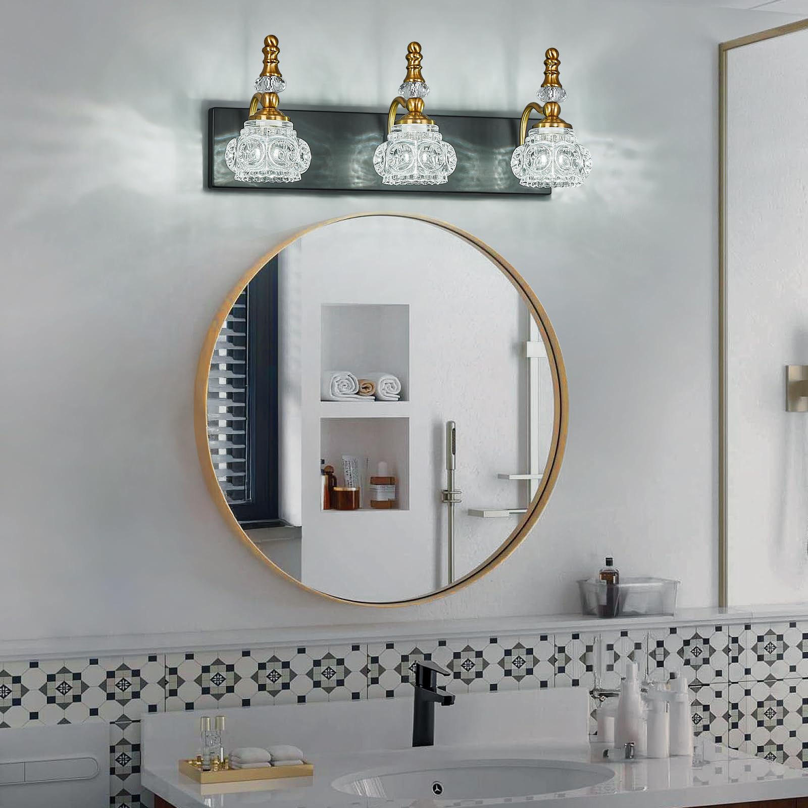 LBSQJ Modern Glass Crystal Bathroom Light Fixtures, 3-Light Vanity Light, Black Gold, Model 493