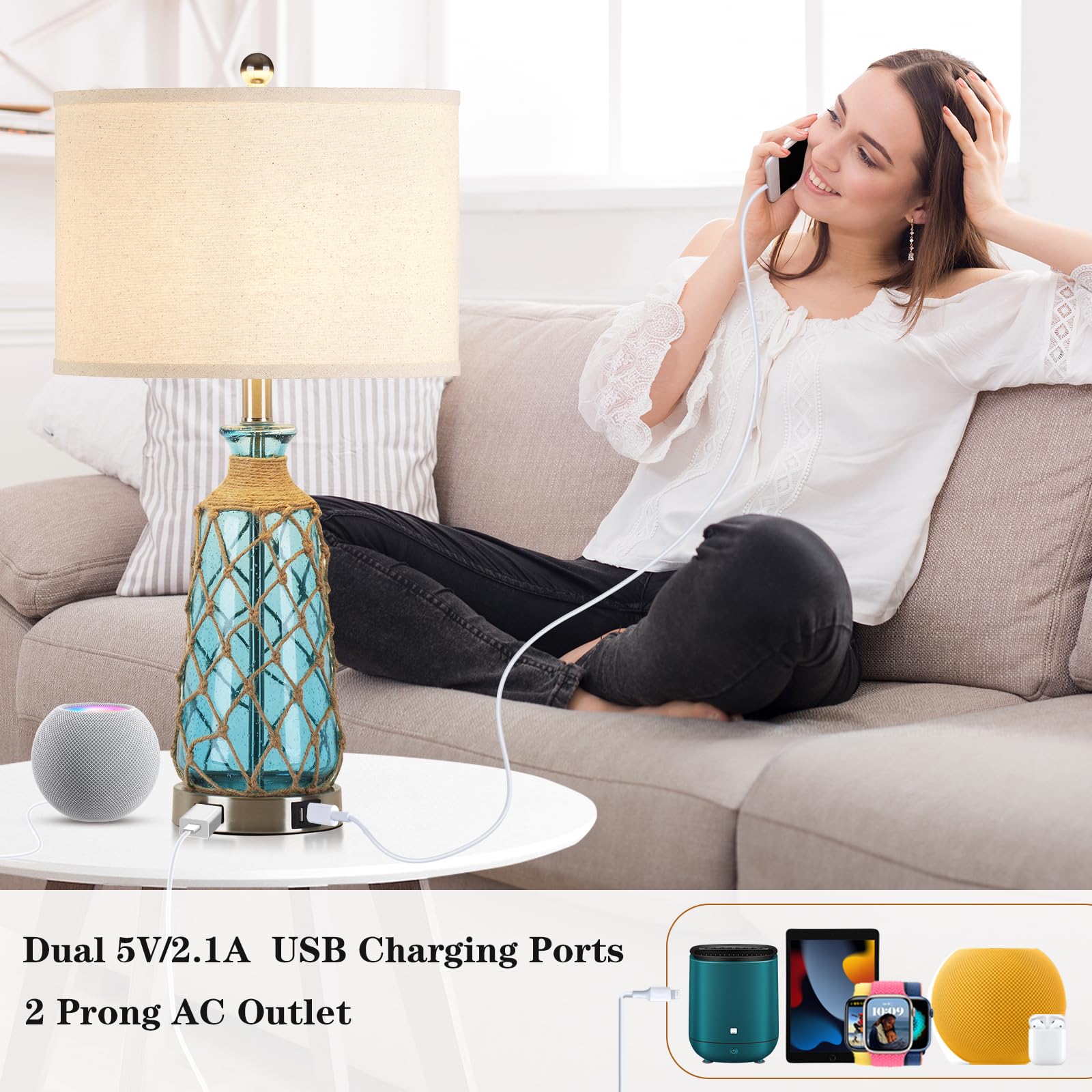 Ruzectt Coastal Glass Table Lamps - 3-Way Dimmable Touch Control, Teal, USB Ports & AC Outlet, LED Bulbs Included