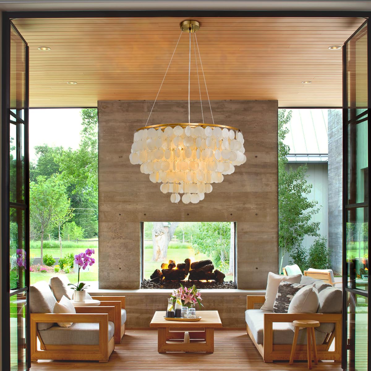 A Million 4-Light Capiz Shell Chandelier, 24" Brush Gold Pendant for Living Room/Office, Model 2300118001