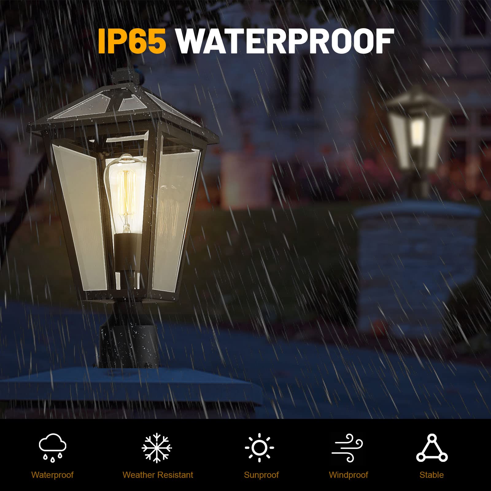 Luminzone Outdoor Post Light Fixture, Waterproof Aluminum Lamp For Walkway & Patio, Matte Black