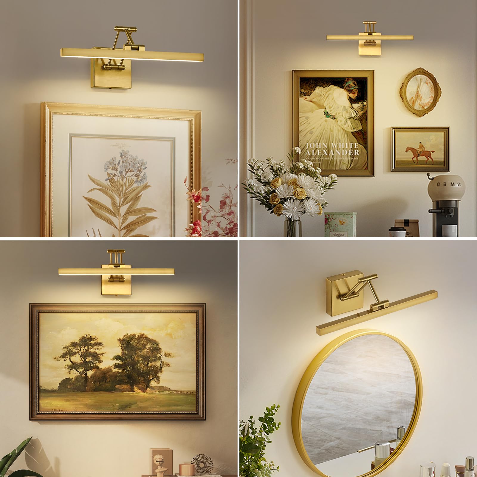 Pasoar 15.7 Dimmable LED Picture Light, Brass Wall Art Lamp with Adjustable Swing Arm, Warm White 3000K - Ideal for Paintings & Book Display