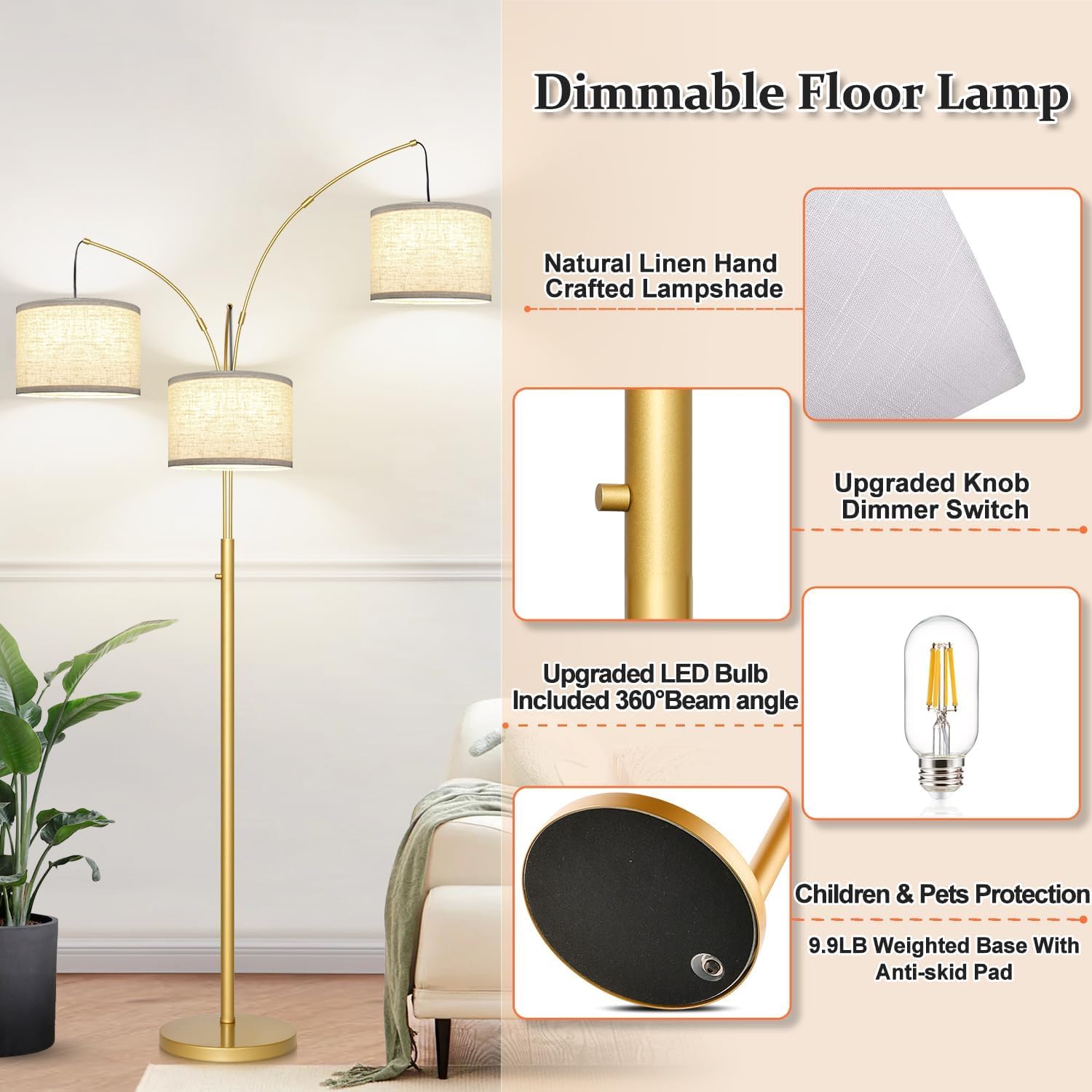 Nintiue Dimmable Floor Lamp - 3 Lights Gold Arc Floor Lamps For Living Room, 1000Lm Modern Tall Standing Lamp With White Shades,