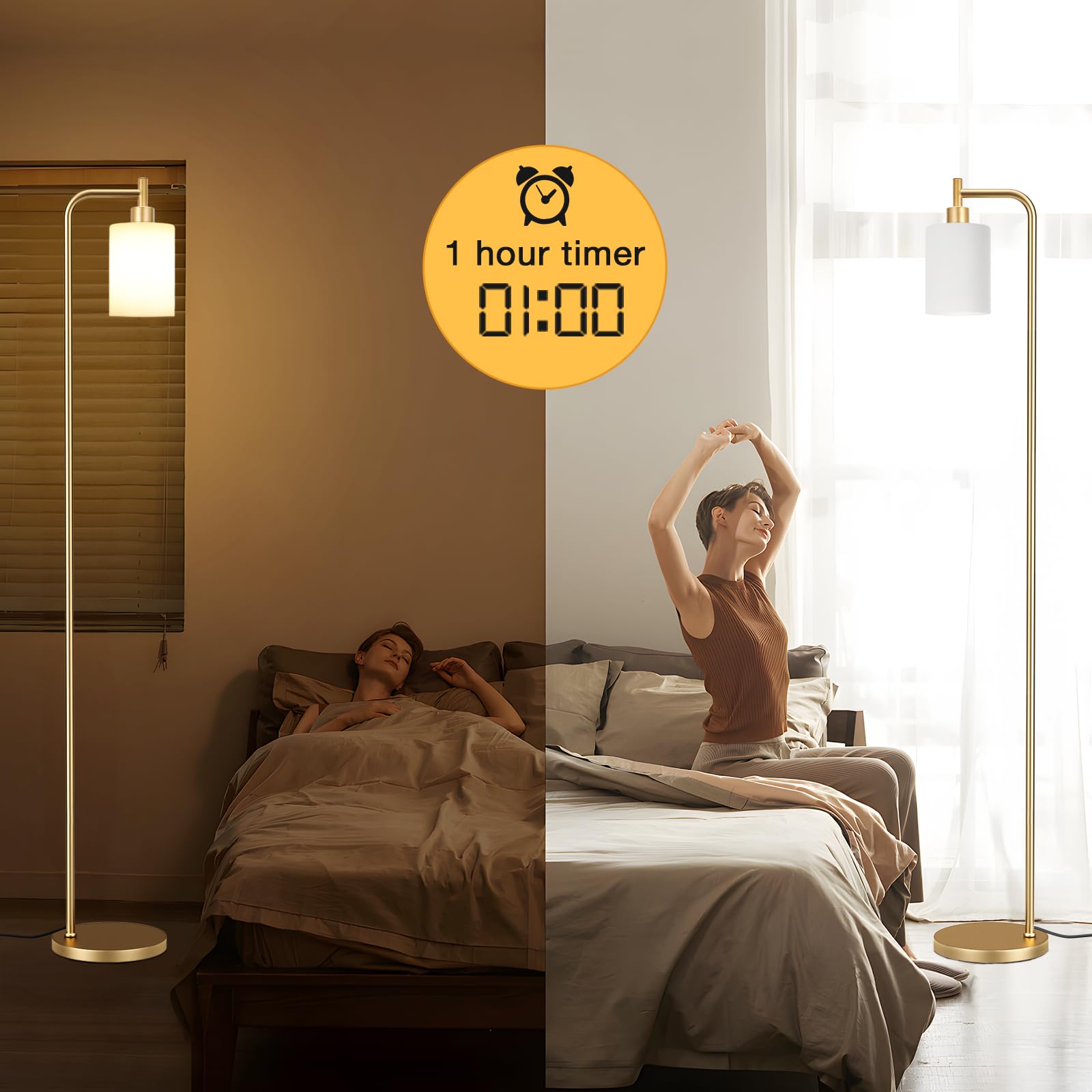 Ziisee Floor Lamps For Living Room - Industrial Standing Lamp With Remote Control Glass Shade, Modern Gold Floor Lamp With Led Bulbs, Tall Lamp For Bedroom Office - Gold