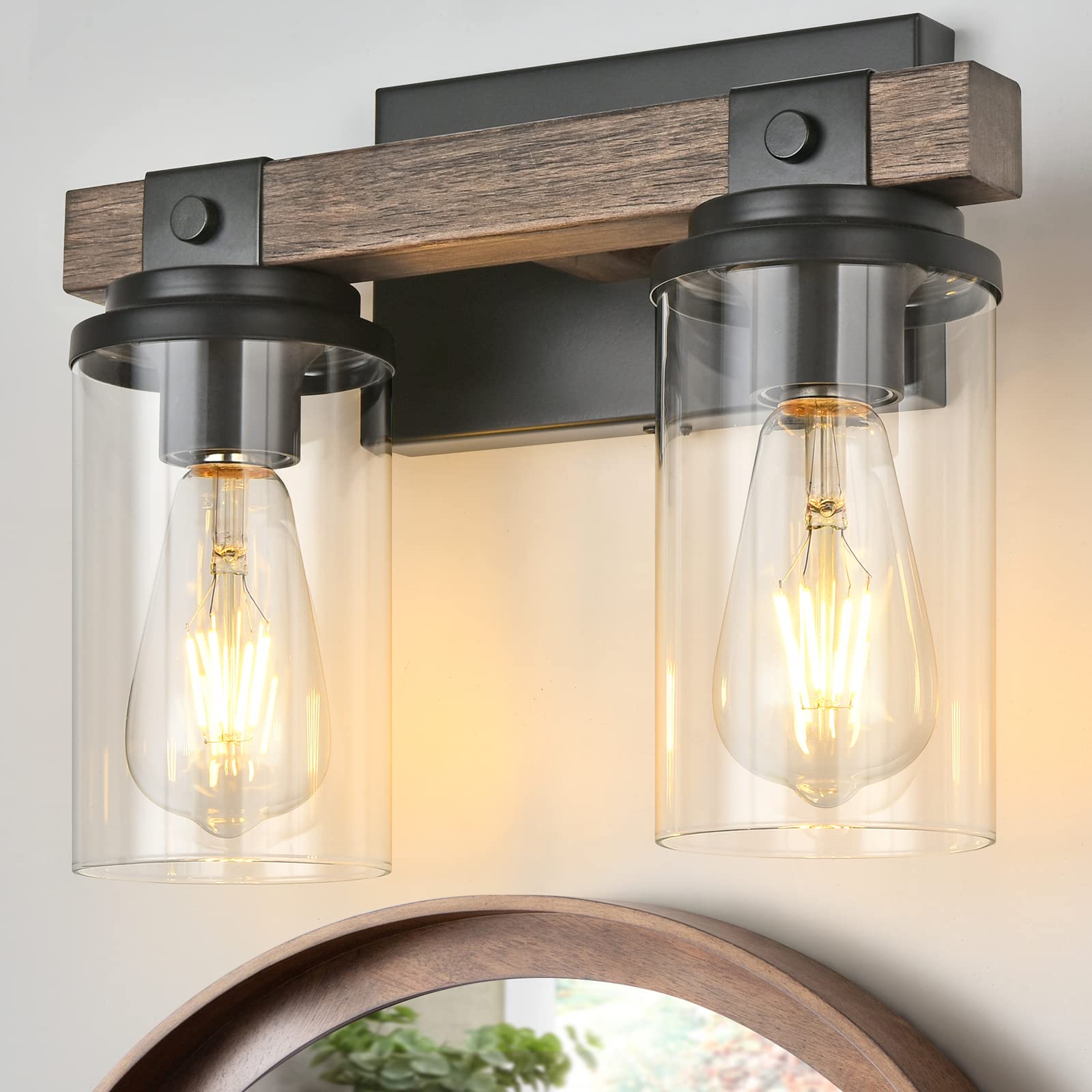 GoYeel 2-Light Wooden Wall Sconce - Rustic Bathroom Light Fixture with Clear Glass Shade, Industrial Wood Design for Hallway & Bedroom