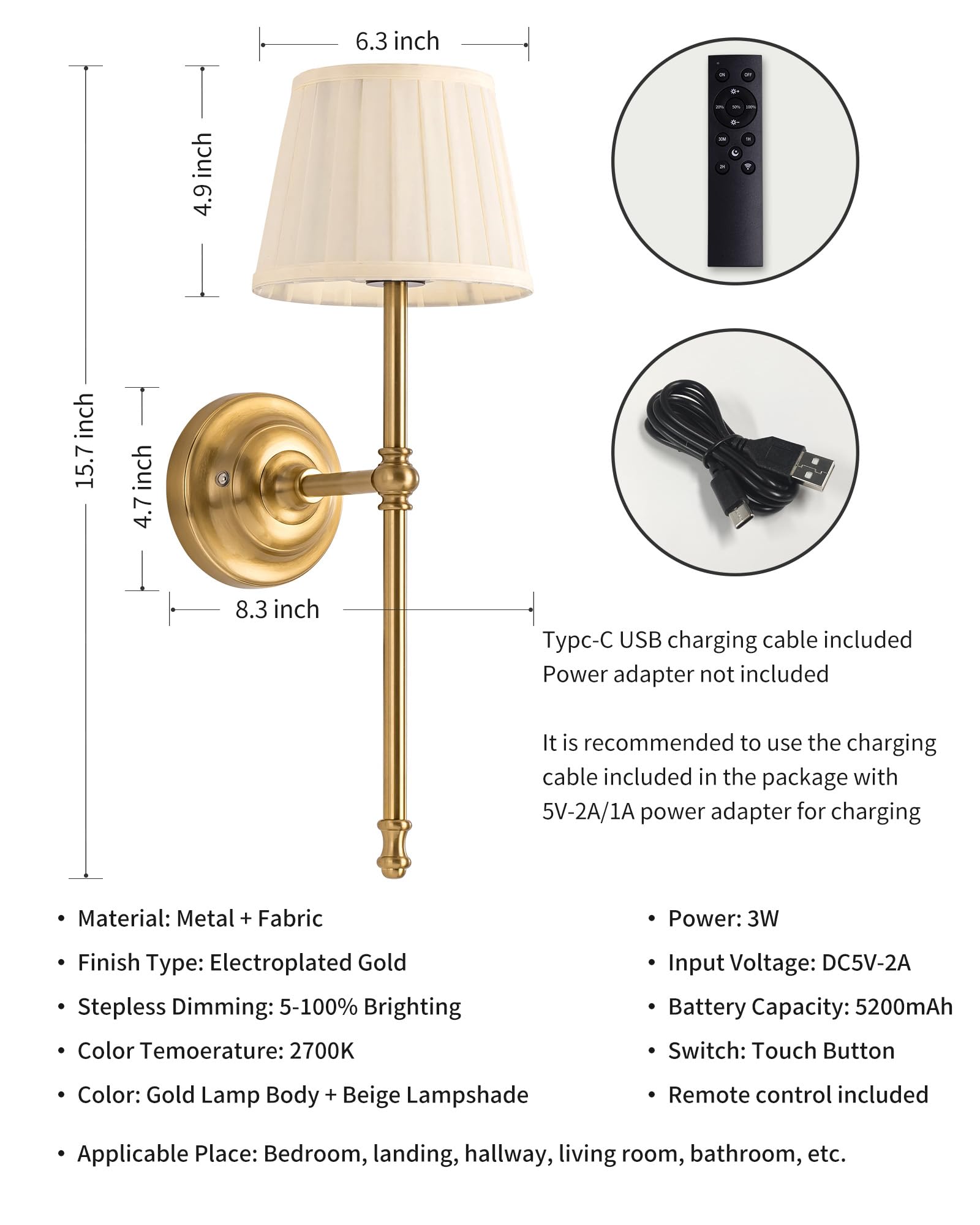 KDG Cordless Wall Sconces Set of 2, Rechargeable LED Fabric Lamps, Gold & Beige, Model AMZ-TBL-034, Perfect for Living Room & Bedroom
